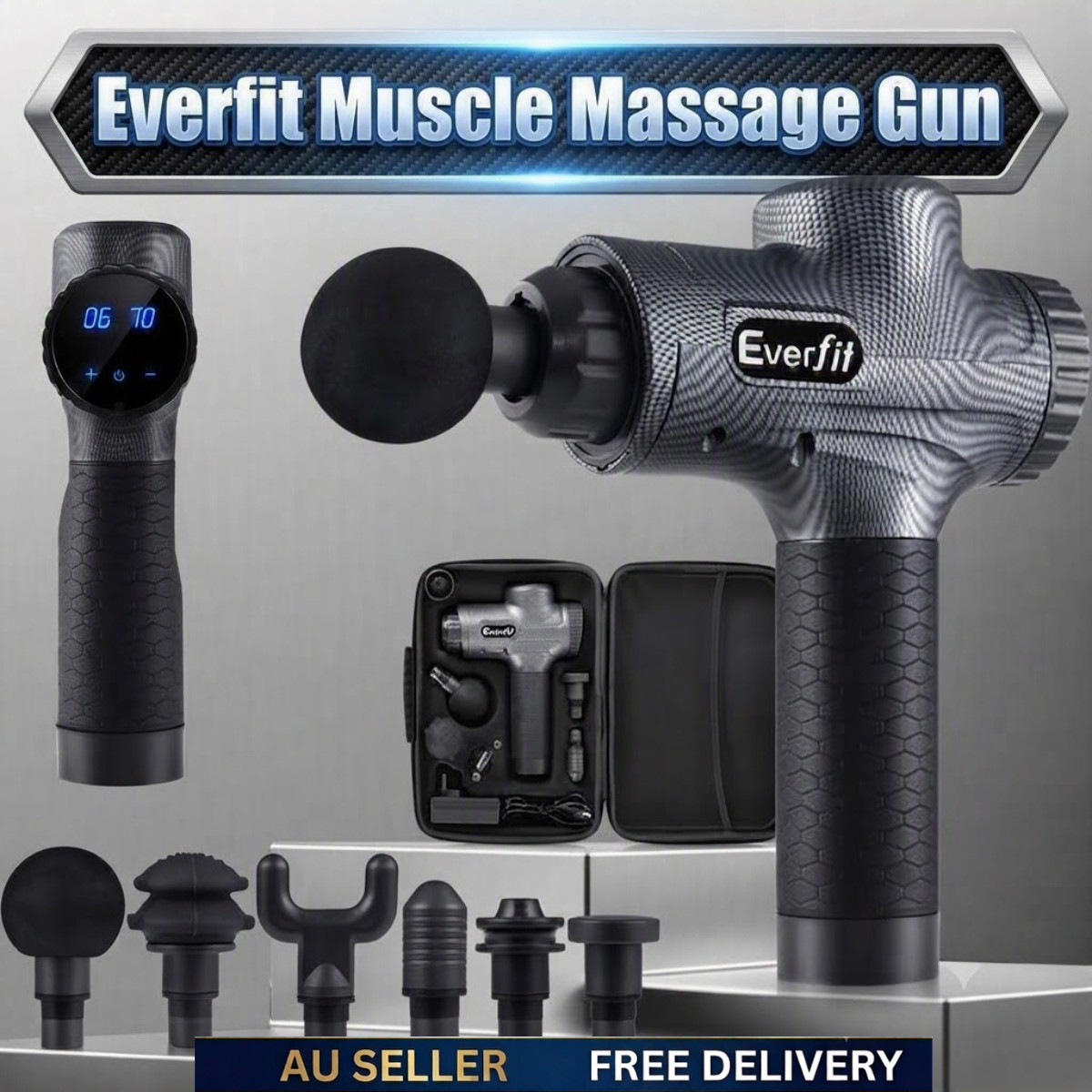 30 Speed Massage Gun Deep Tissue Muscle Recovery Massager 6 Heads Grey
