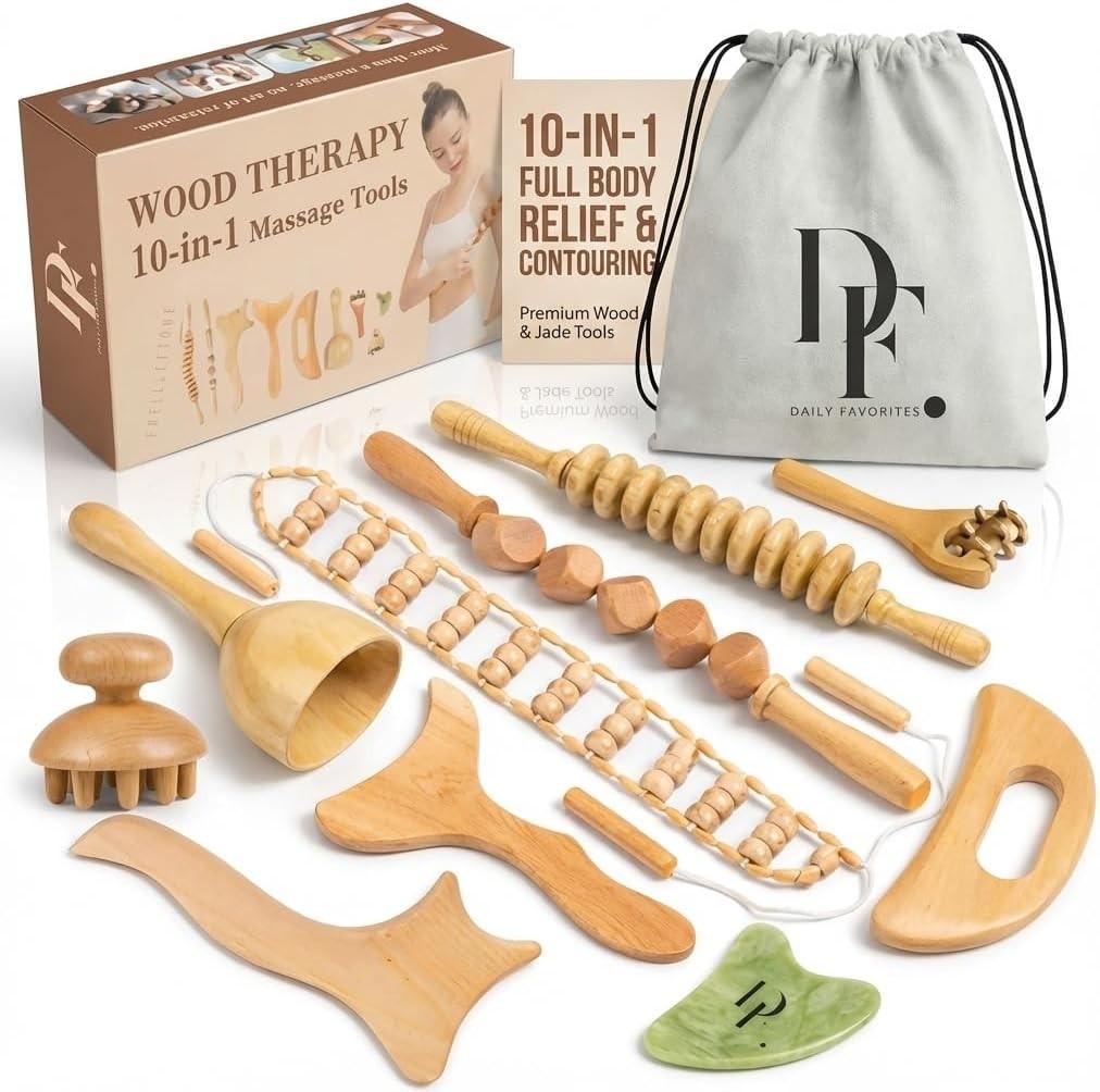 10-in-1 Wood Therapy Massage Tools – Lymphatic Drainage Tools with Gua Sha Stone
