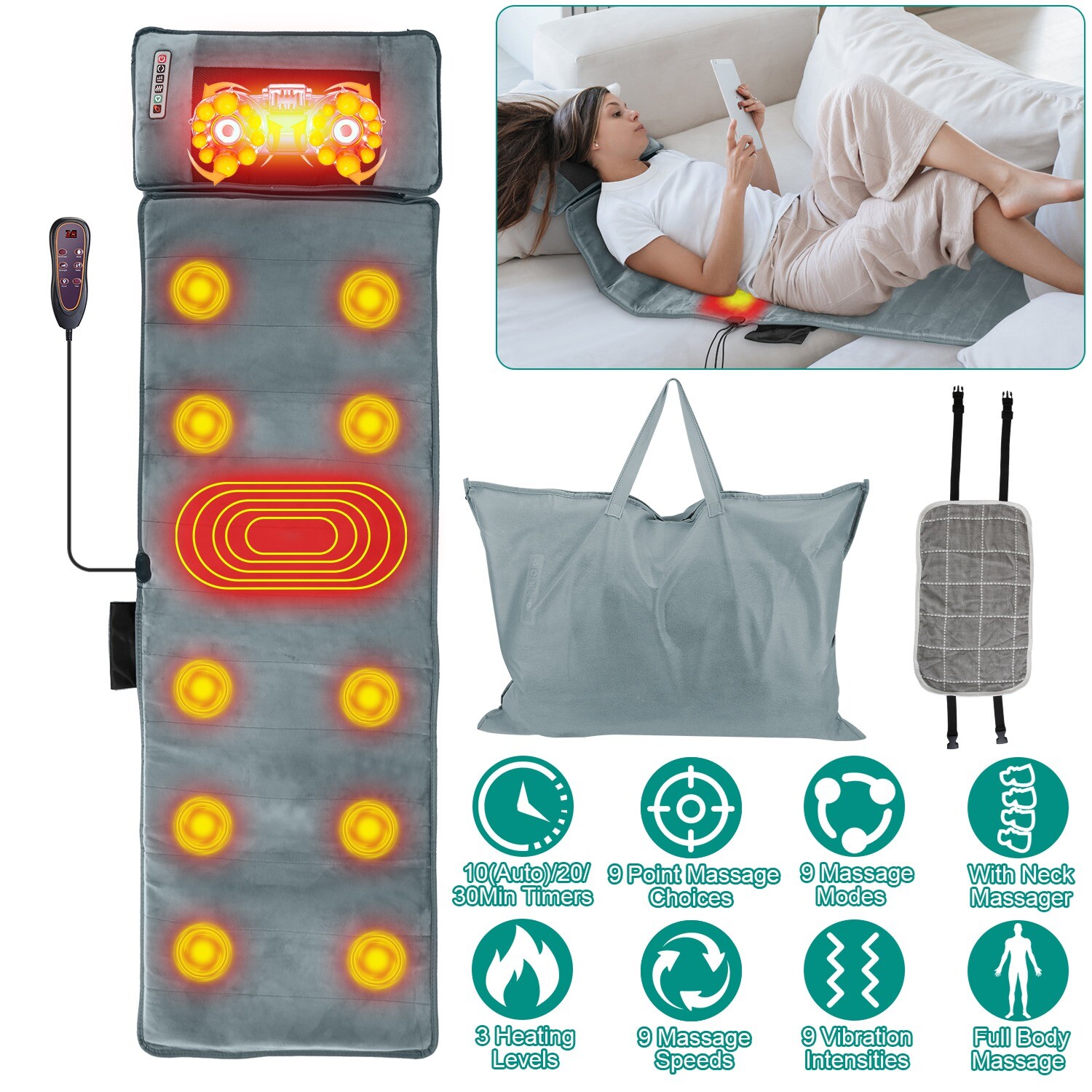 Full Body Massage Pad with Electric Heat and Vibration -Cushion with 10 Motors