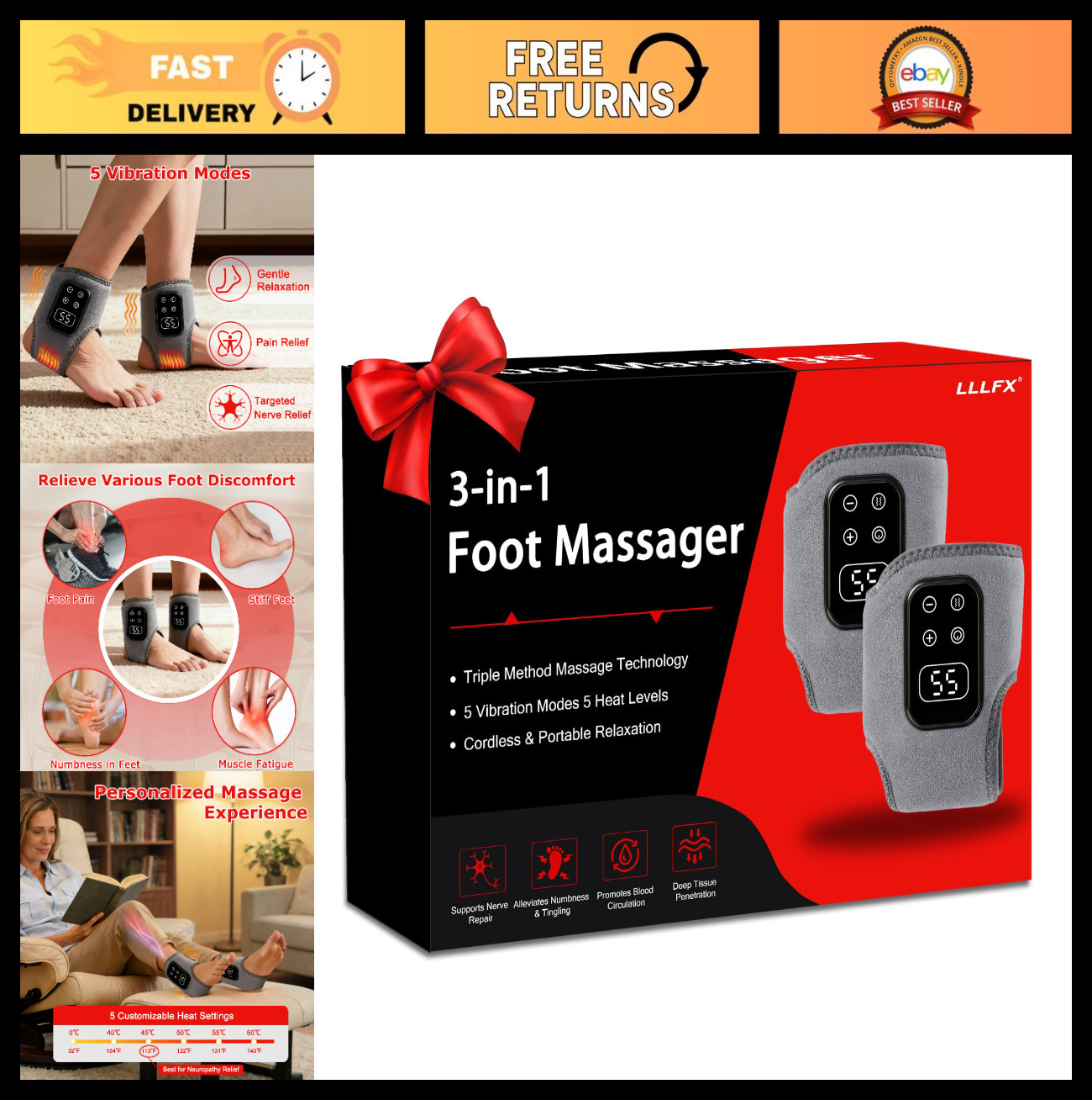 2-Pack 3-in-1 Foot & Ankle Massager – 5 Vibration Modes, 5 Heat Levels, Portable