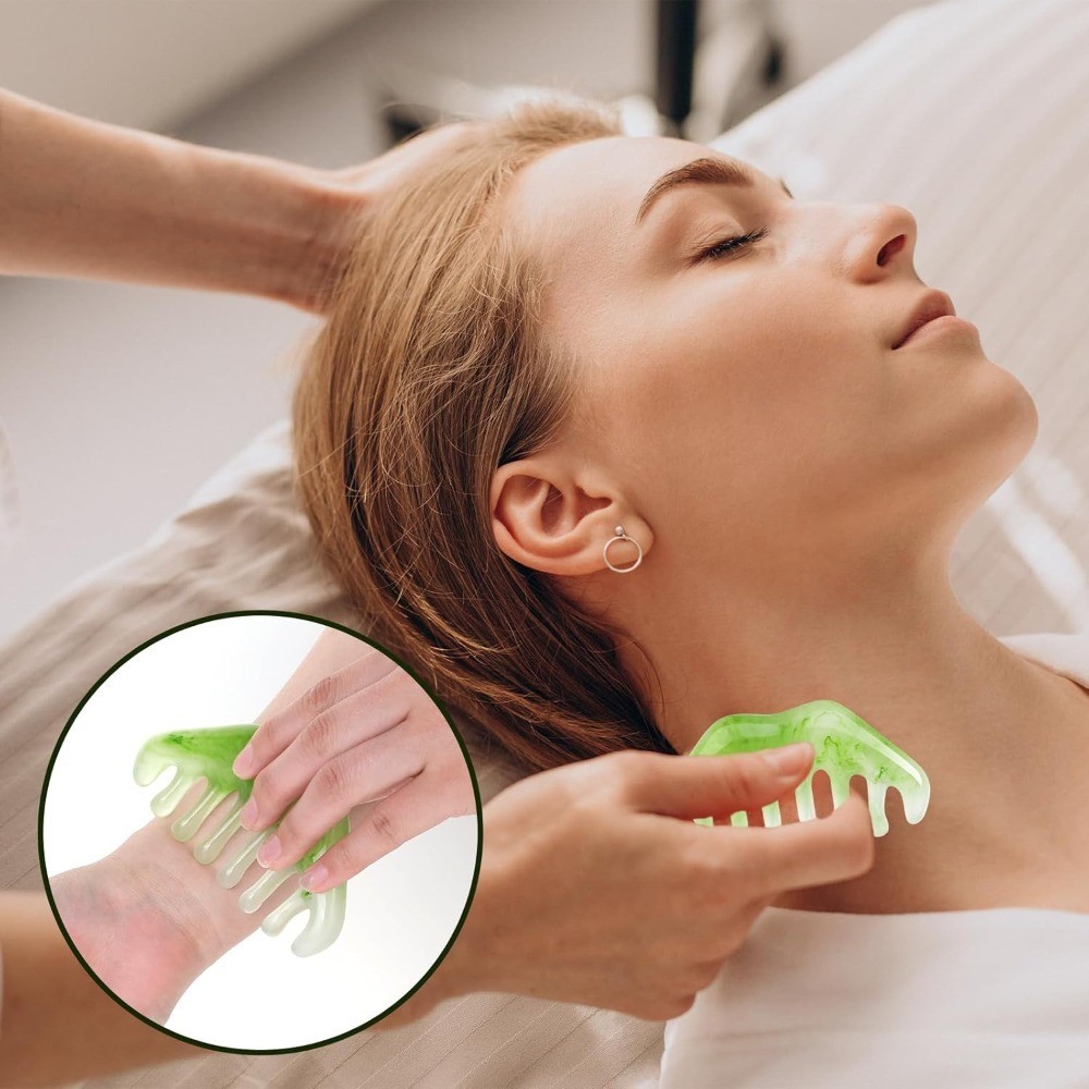 Natural Jade Gua Sha Comb 2-Piece Set, Head Scalp Massager Tool for Facial Care