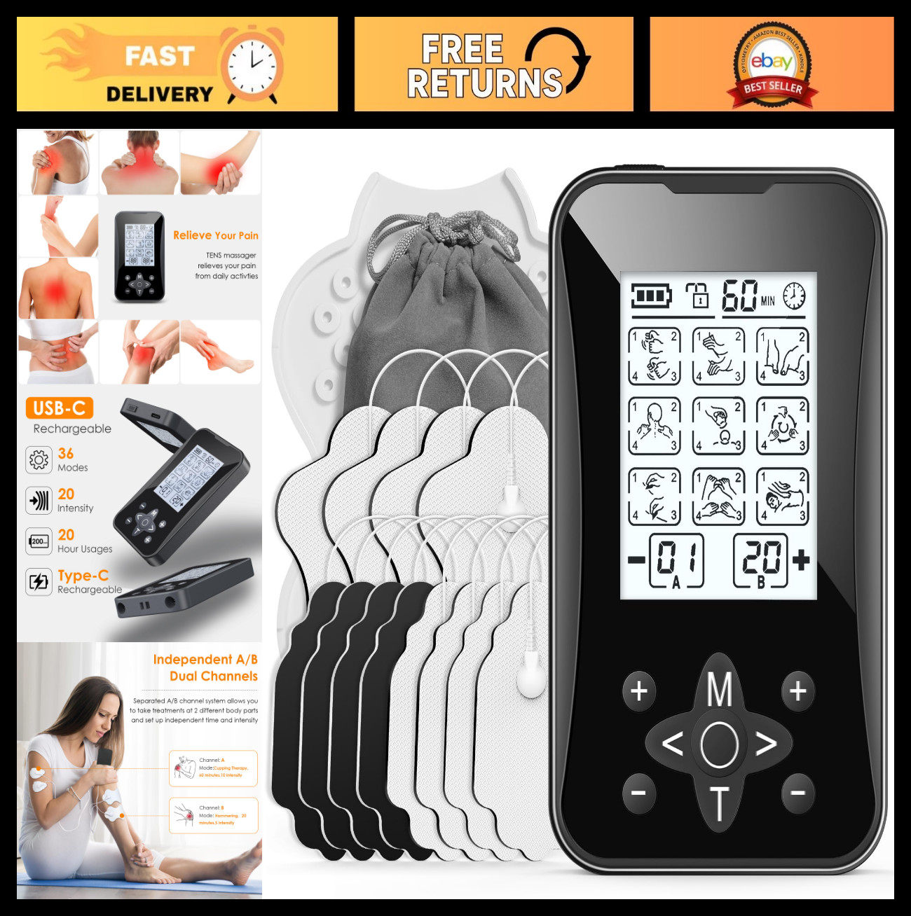 Rechargeable TENS Unit Muscle Stimulator – 36 Modes, Dual Channel Pain Relief, 1
