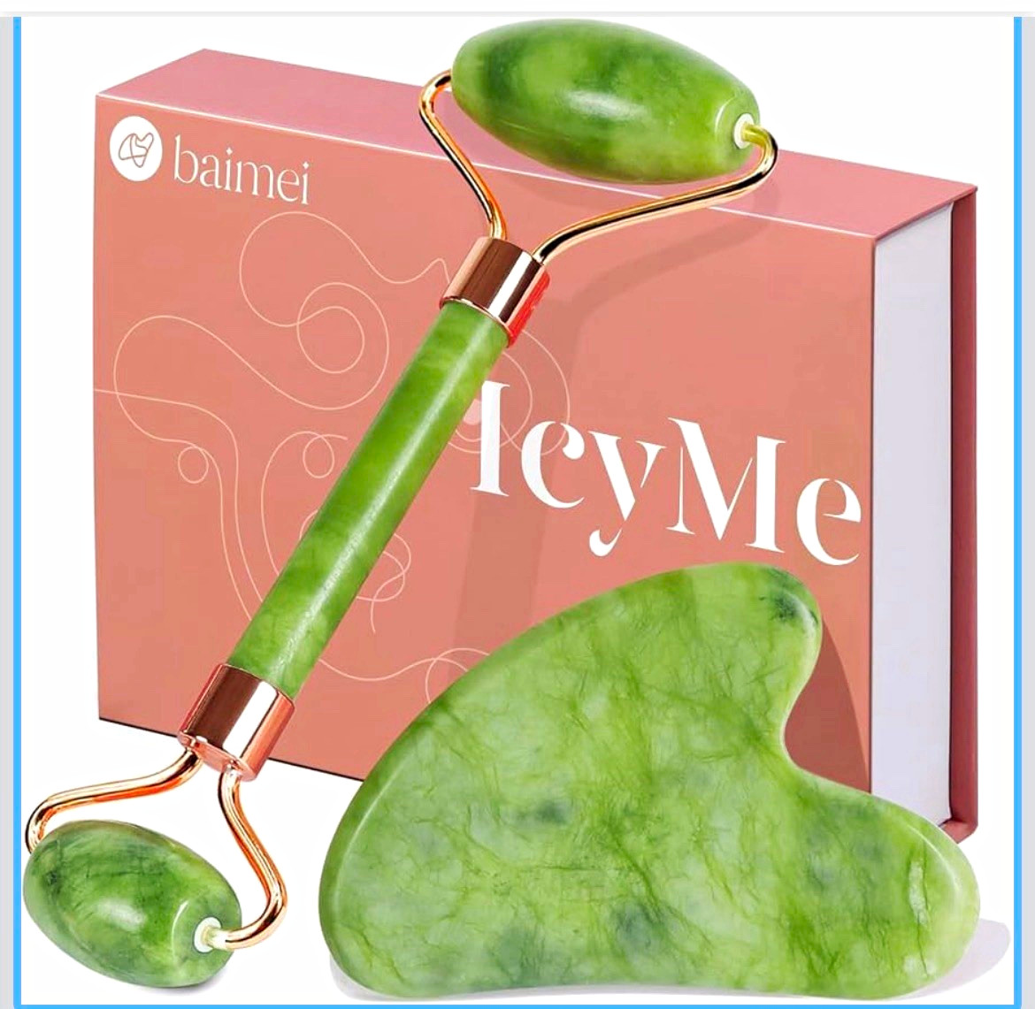 BAIMEI IcyMe Jade Roller & Heart Gua Sha Set Green/Gold Manual Rolling Scraping