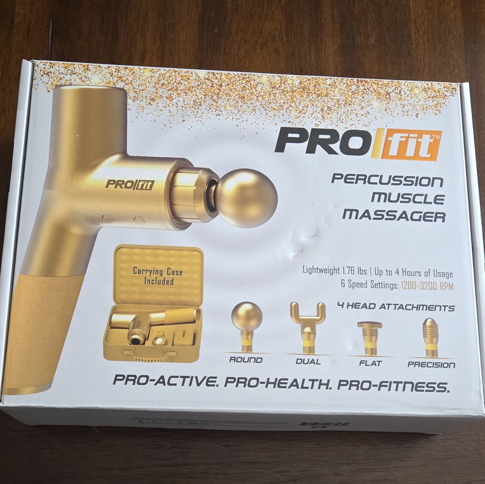 ProFit Percussion Massage Gun Gold Handheld Multispeed 4 Heads Case