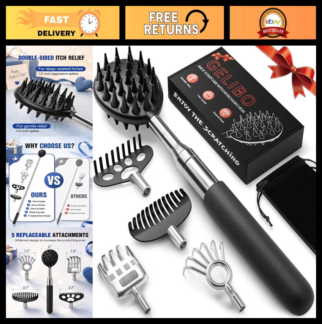 Telescoping Back Scratcher with 5 Heads, Extendable Massager Tool, Gift for Dad