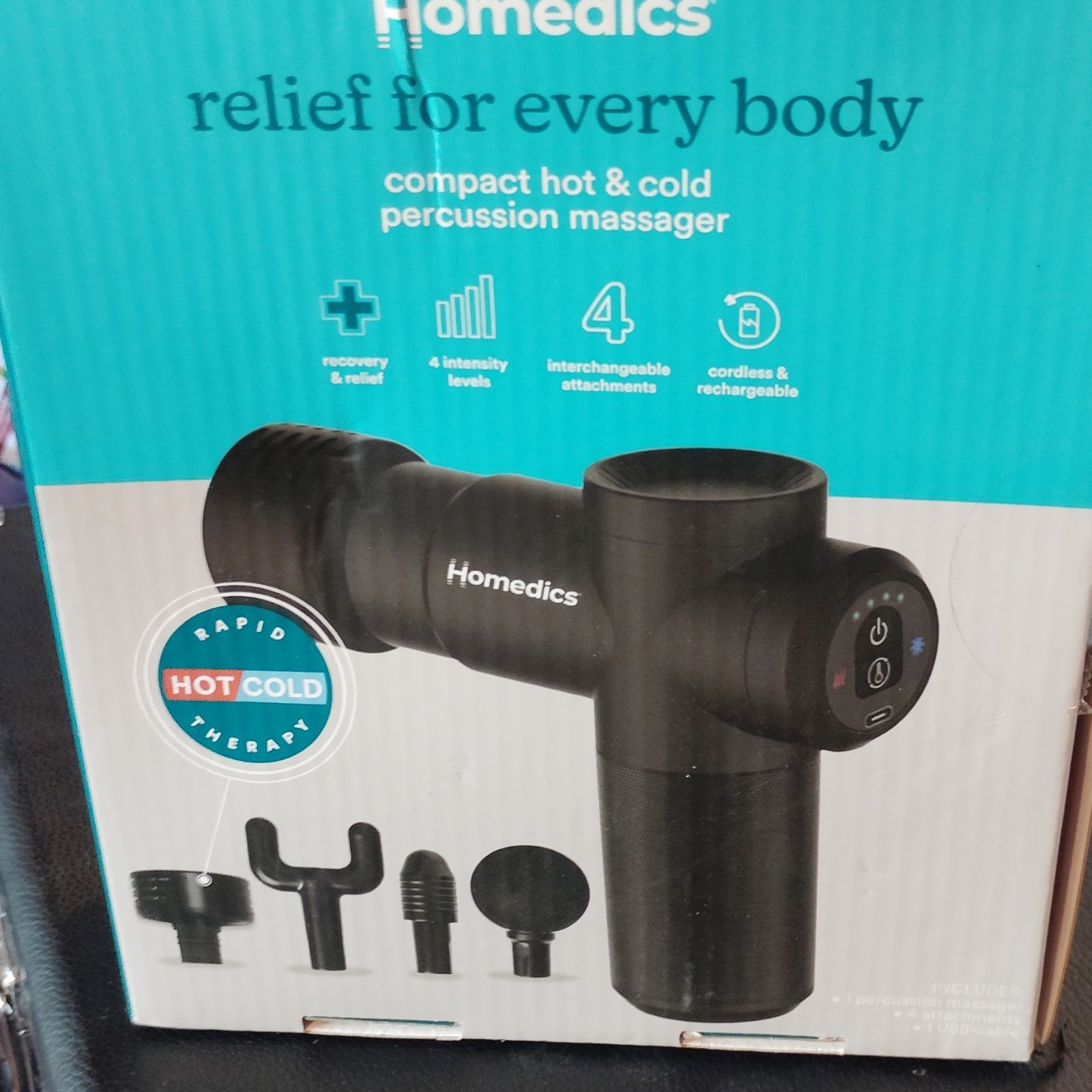 HoMedics Hot & Cold Cordless Rechargeable Percussion Massage Gun 4 Heads