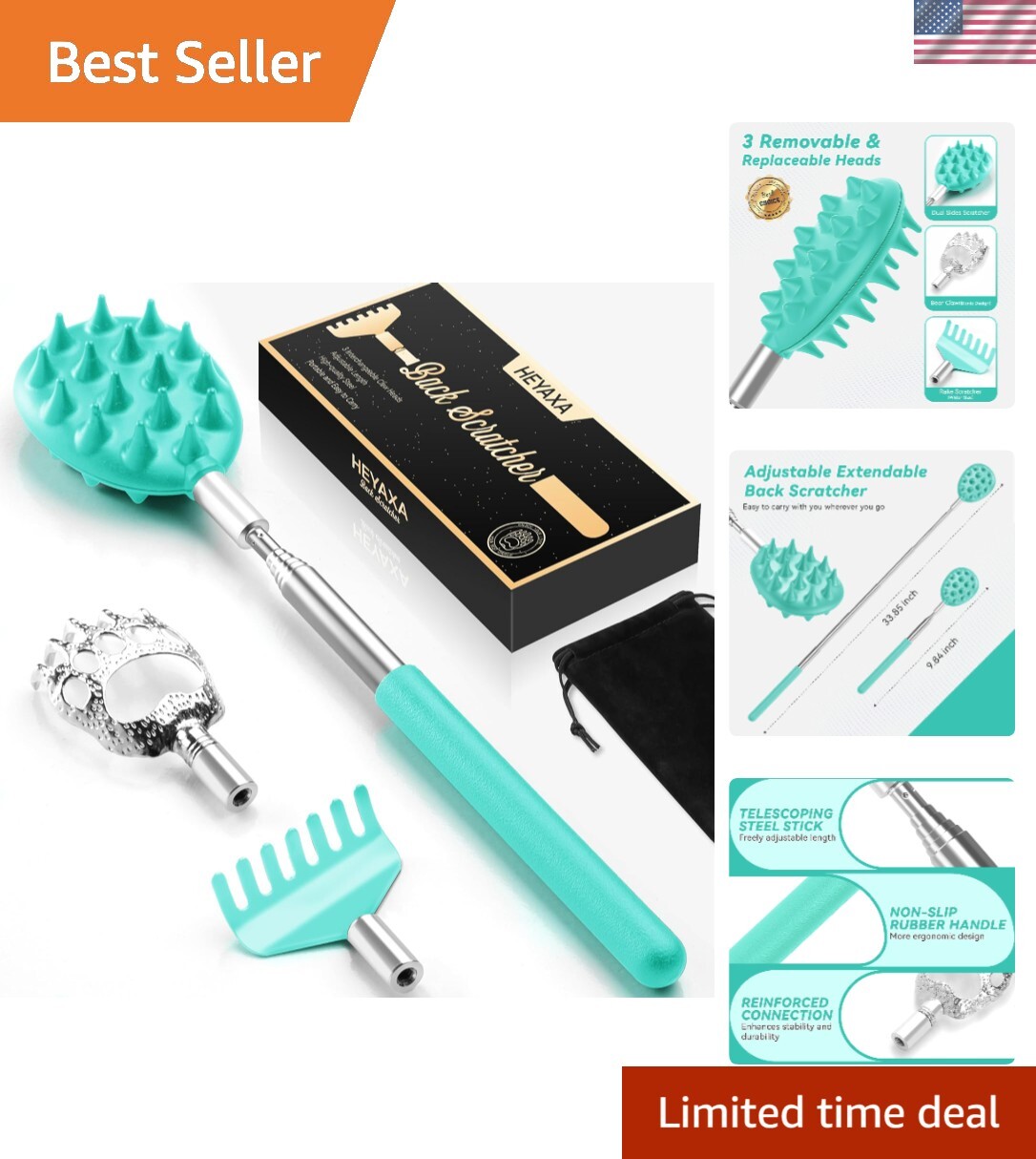 Durable Green Back Scratcher with 3 Custom Heads – Fun and Practical Gift