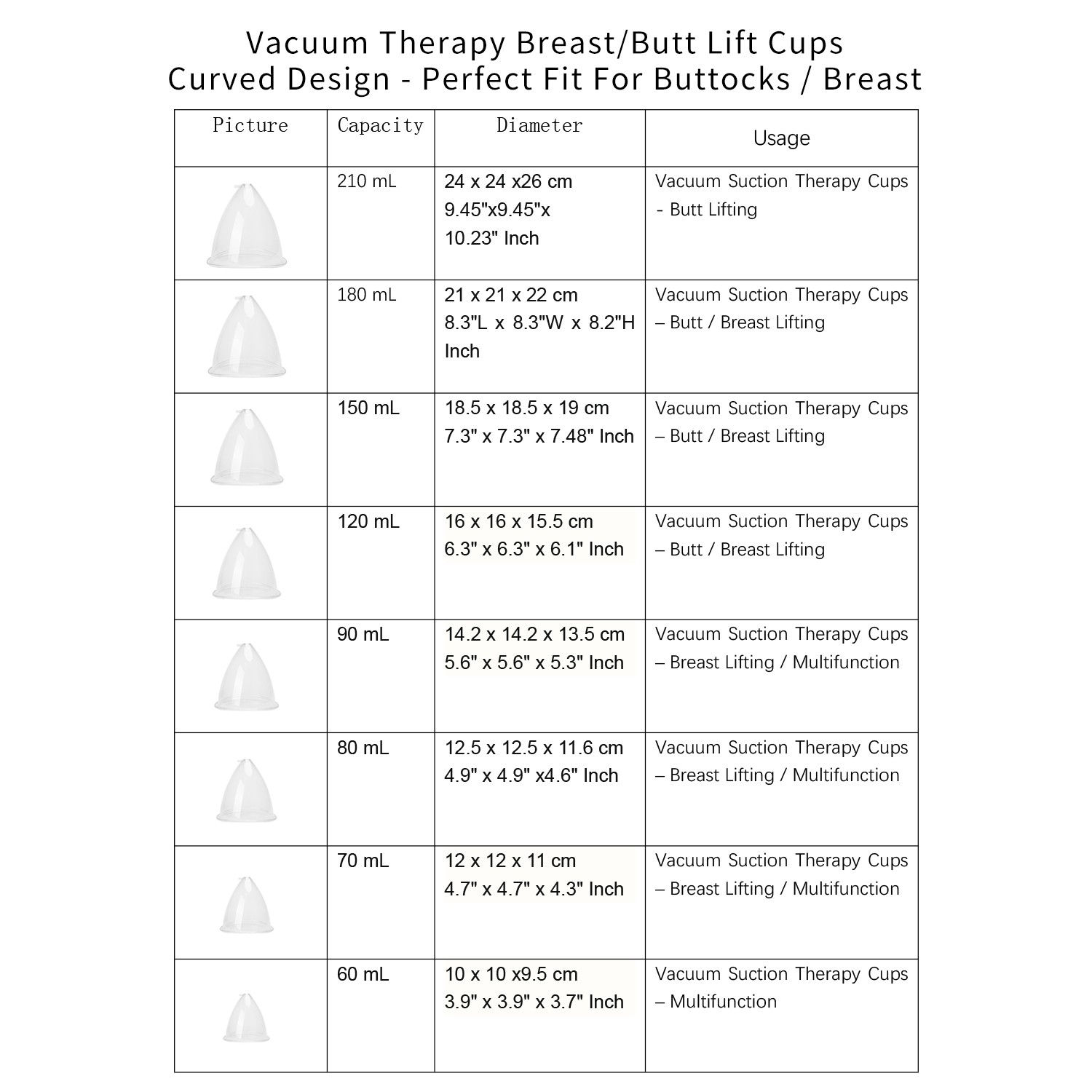 Relacement Cups 60ML-210ML Breast Cups Butt Lift Cups For Vacuum Therapy Machine