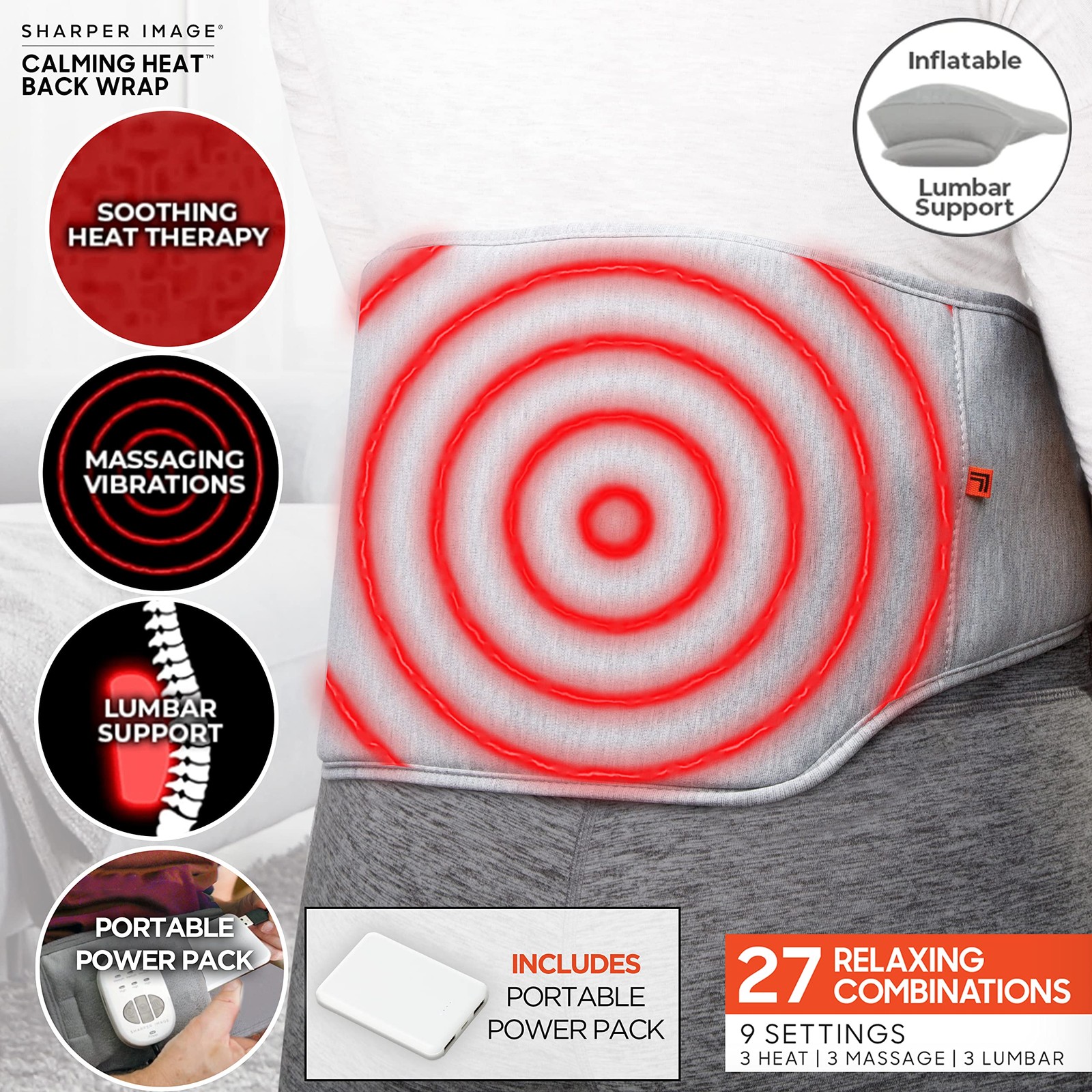 Calming Heat Back Wrap by Sharper Image with Power Pack | Inflatable Heating Pad
