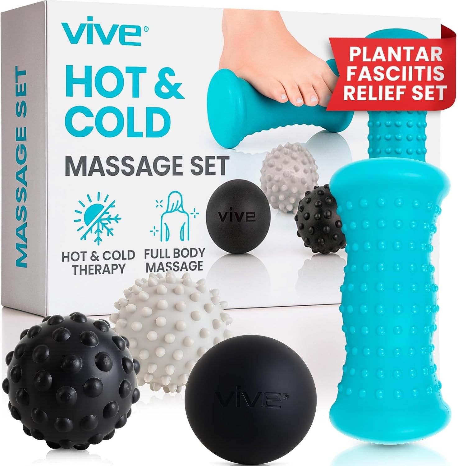 Vive Massage Ball Set (4 Piece) – Plantar Fasciitis Relief Foot Pain Hot Cold Th