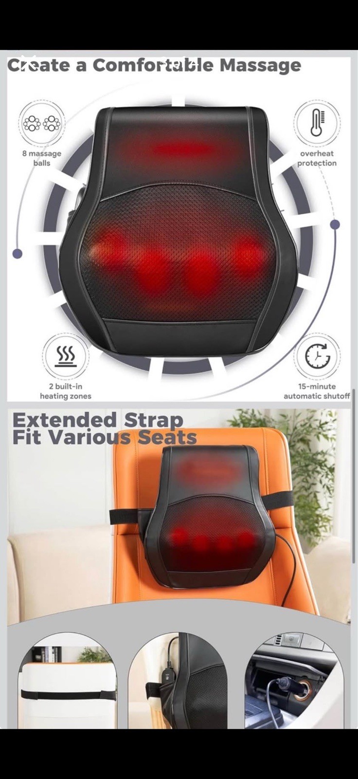 Brelley Heated Shiatsu Back Massager Black 8 Massage Heads Remote Control