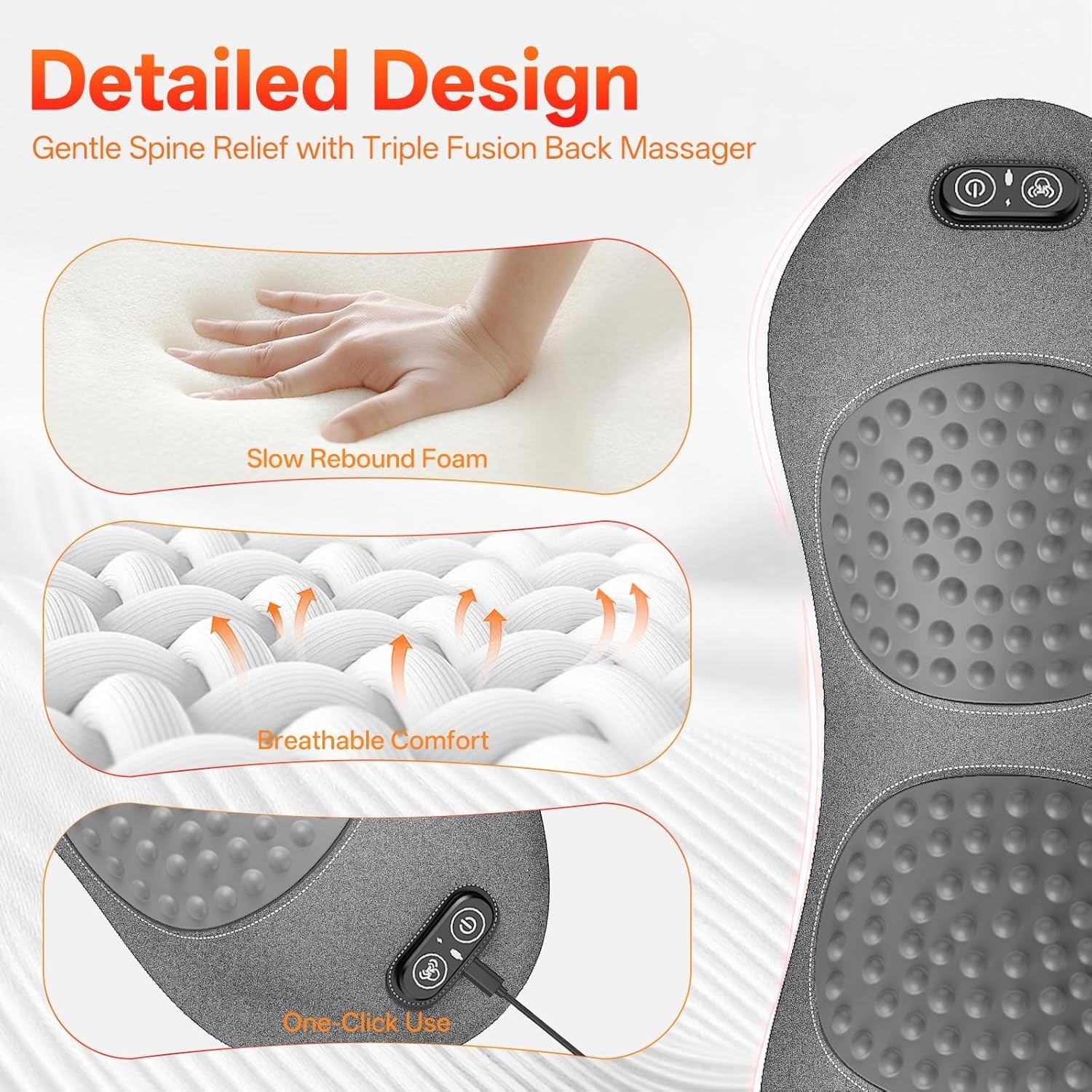 Multi-functional Back Massager Pillow Featuring Heat & Vibration Therapy – Gray