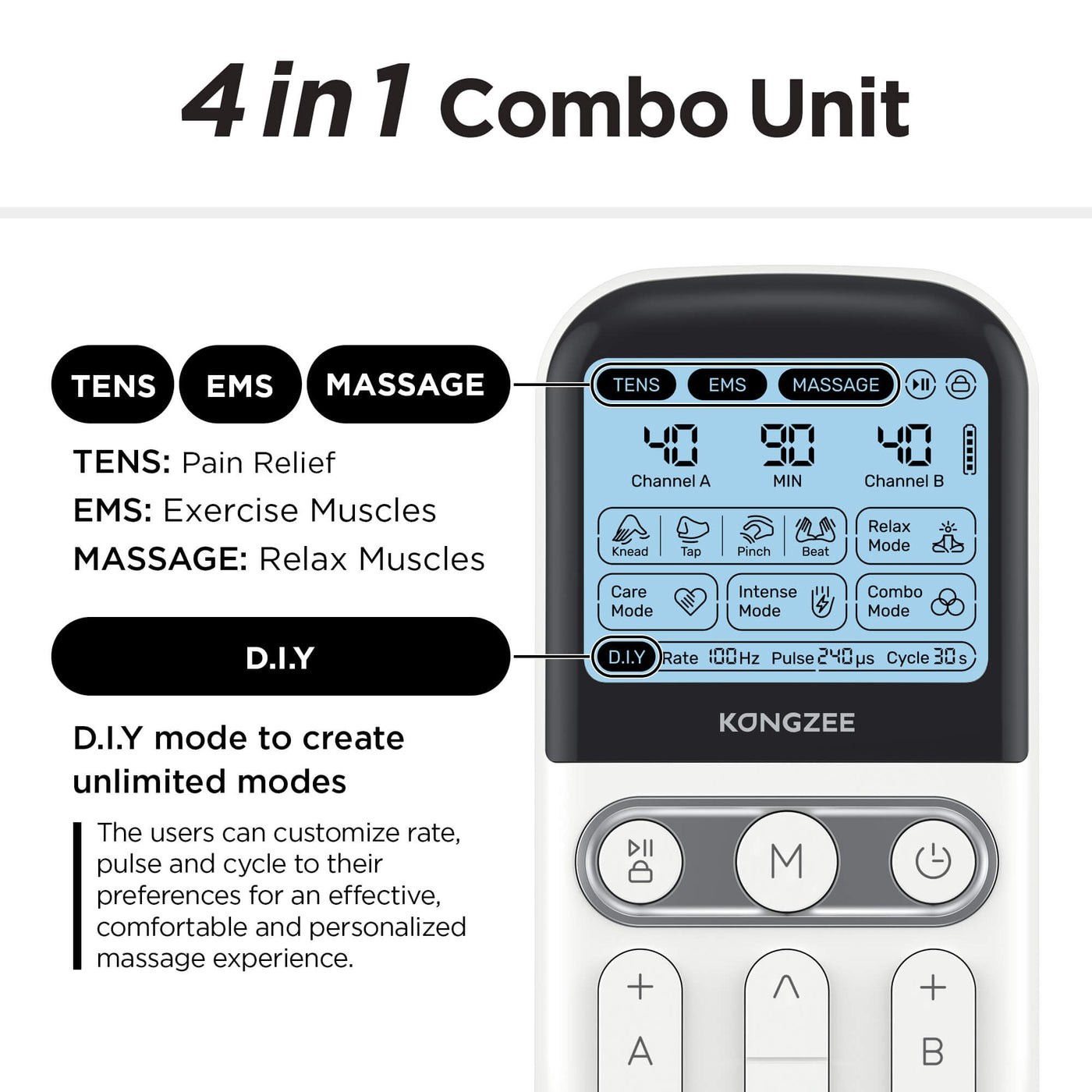 KONGZEE TENS Unit Muscle Stimulator – 4-in-1 Home Pain Relief & Recovery