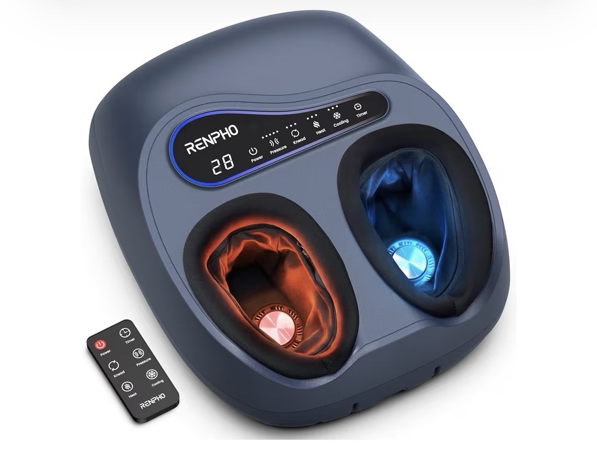 RENPHO Foot Massager Heated Cooling Kneading Air Compression Remote Blue Size 13