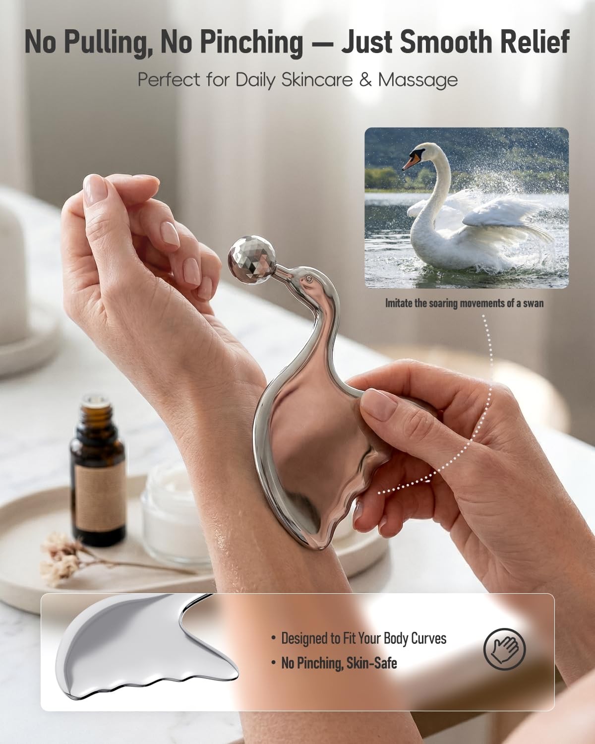 Stainless Steel Gua Sha Tool & Eye Roller, 2 in 1 Swan Shaped Facial Massage