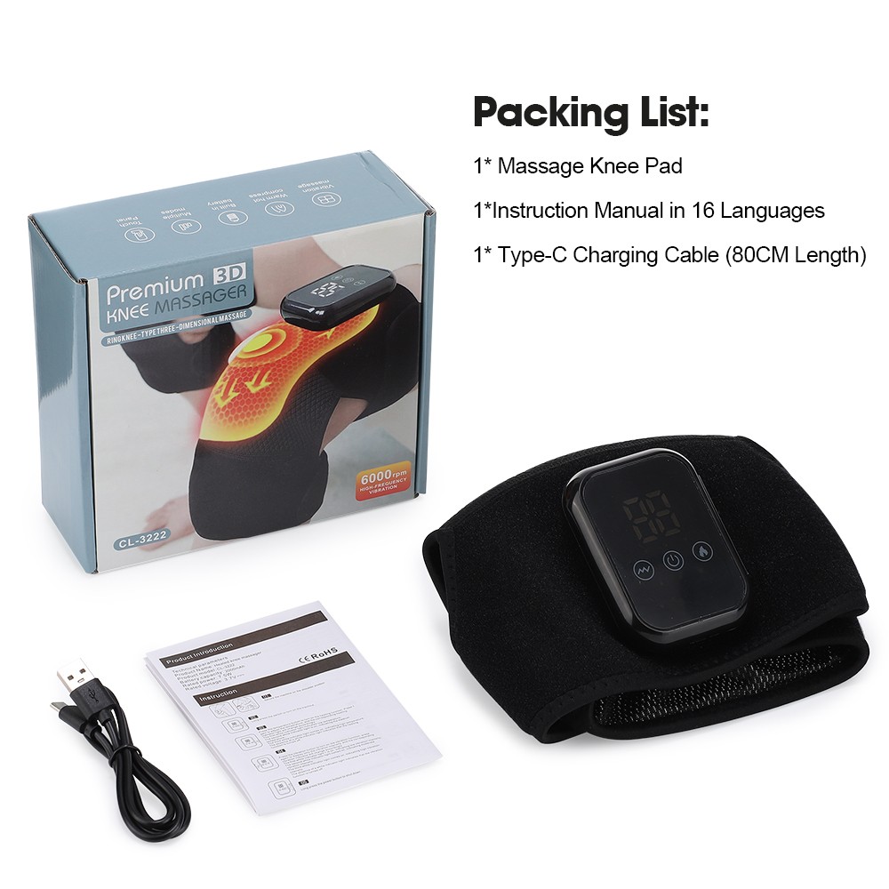 Cordless Knee Massager with Heat Vibration Electric Heated Knee Brace 3 Heating
