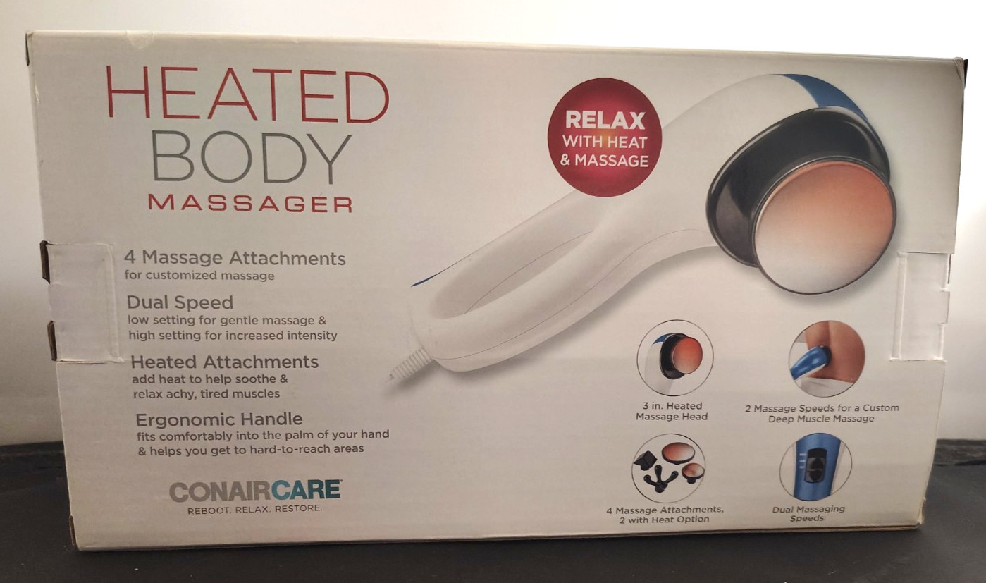 CONAIR CARE Heated Body Massager w/Ergonomic Handle & Attachments ~ NEW Open Box