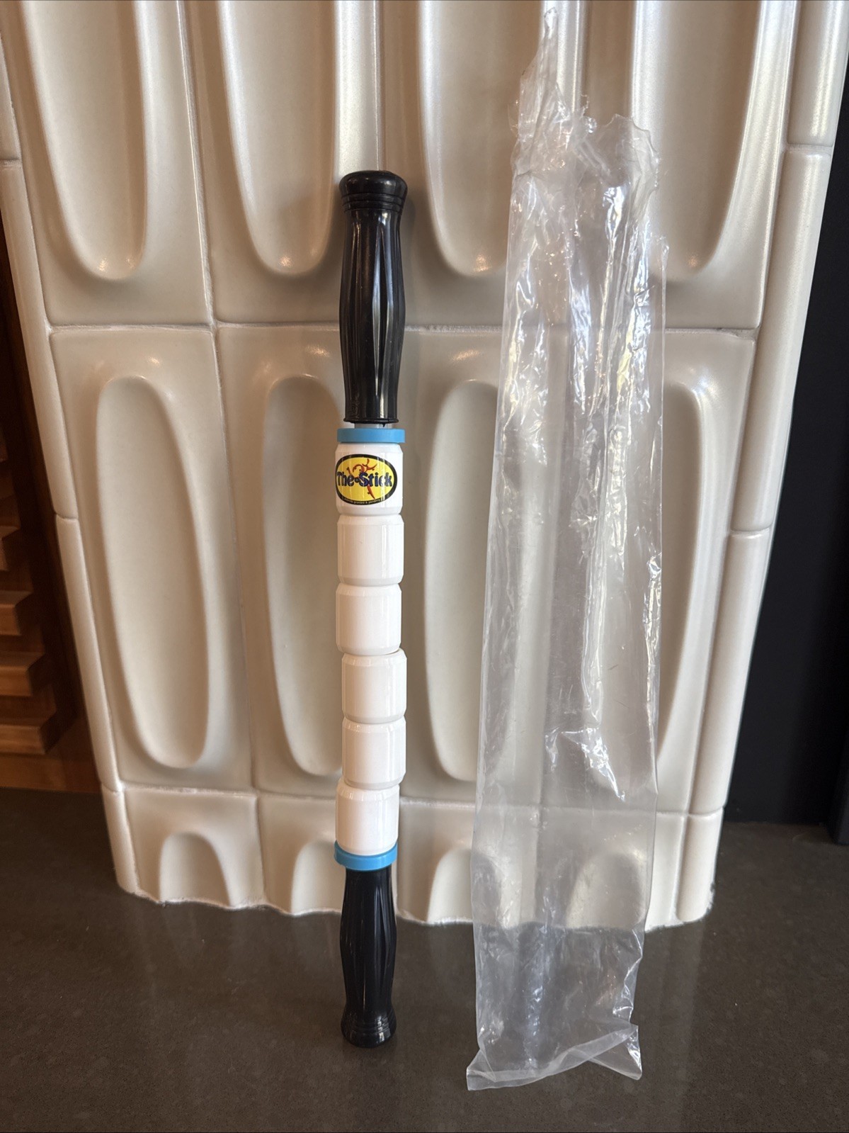 New! The Stick 14” Stiff Flexible Stick Massage Roller White Blue Handles