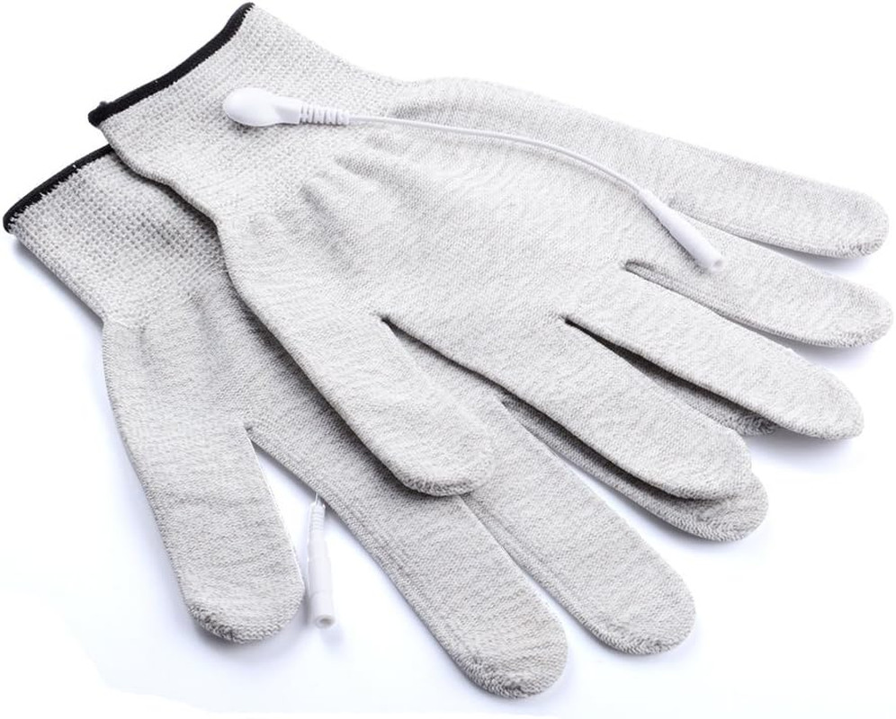 Pair of Silver Conductive Massage Gloves with Adapter Lead Wires for Tens/Ems Ma