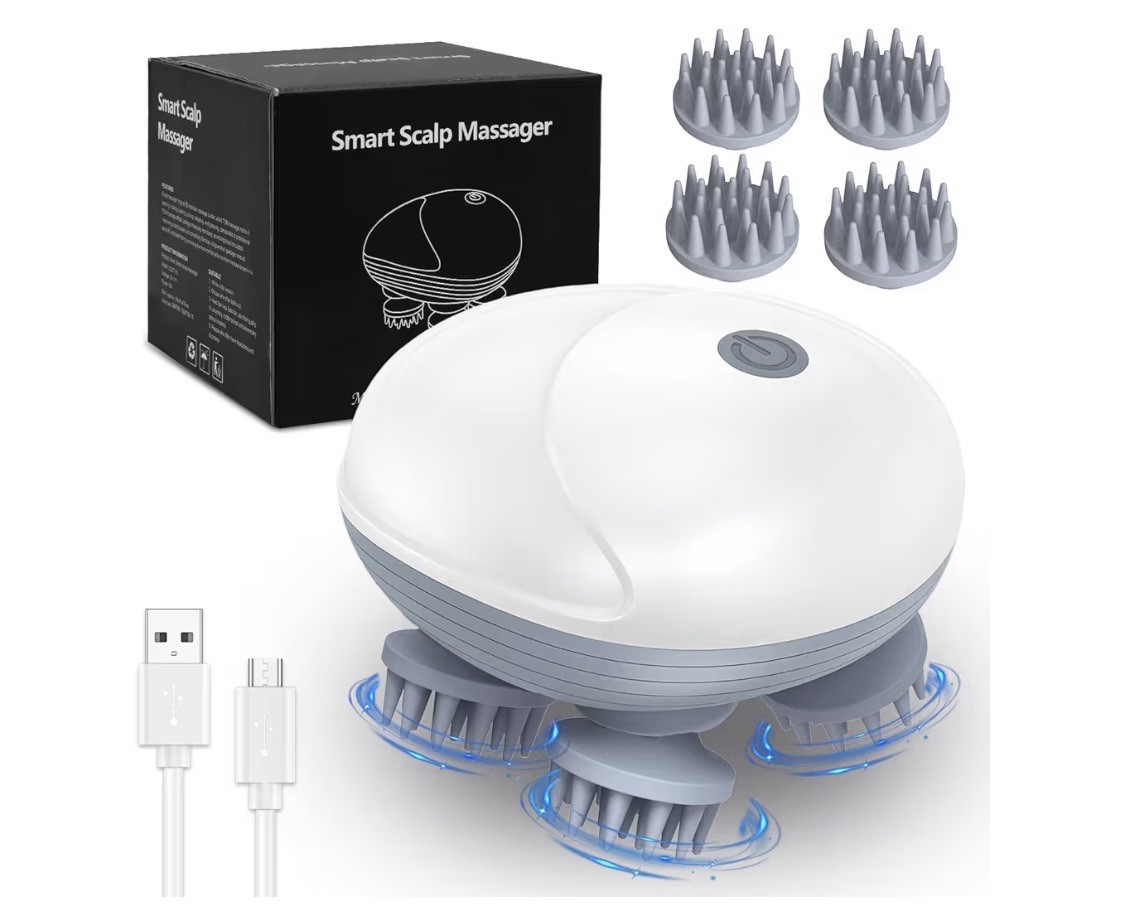 Cordless Head & Scalp Massager, 4 Massage Heads, USB Rechargeable, White/Gray