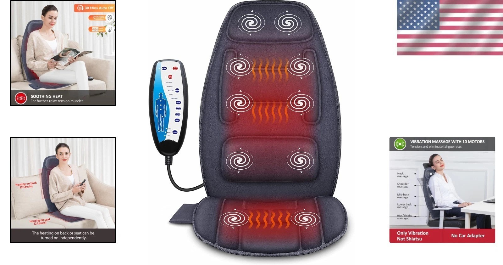 Deluxe Massage Seat Cushion Heat – 10 Vibration Motors, Memory Foam Neck Lumb…
