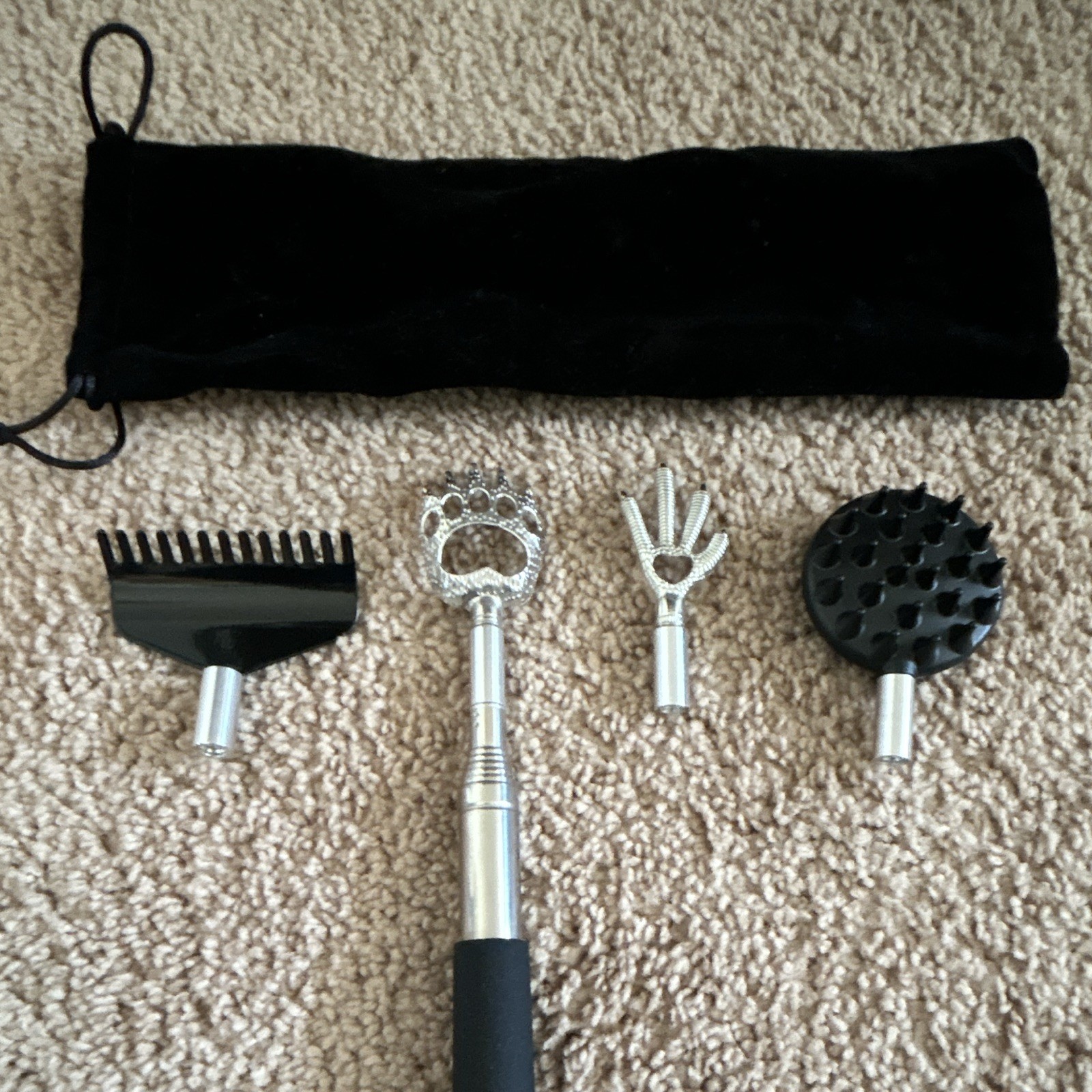 Manual Handheld Back Massager Stick, 4 Detachable Heads, Pouch, Silver/Black