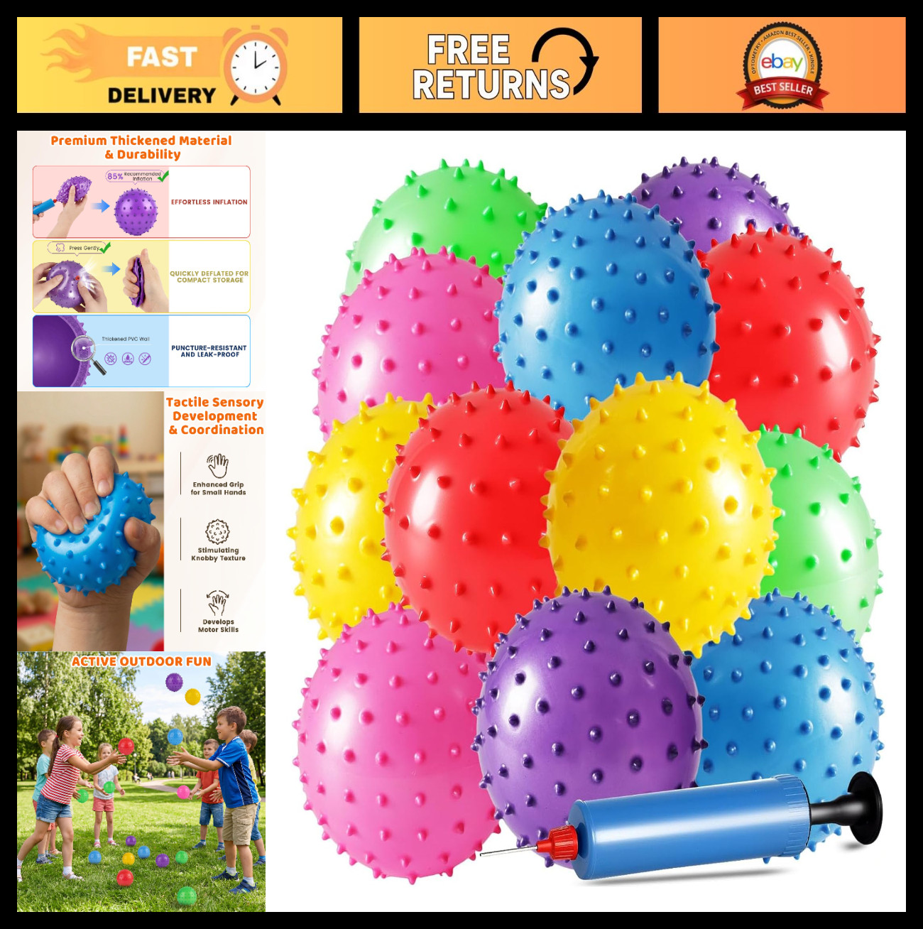 12 Pack Spiky Bouncy Massage Balls – 5″ Sensory Stress Relief Fidget Toy for Kid