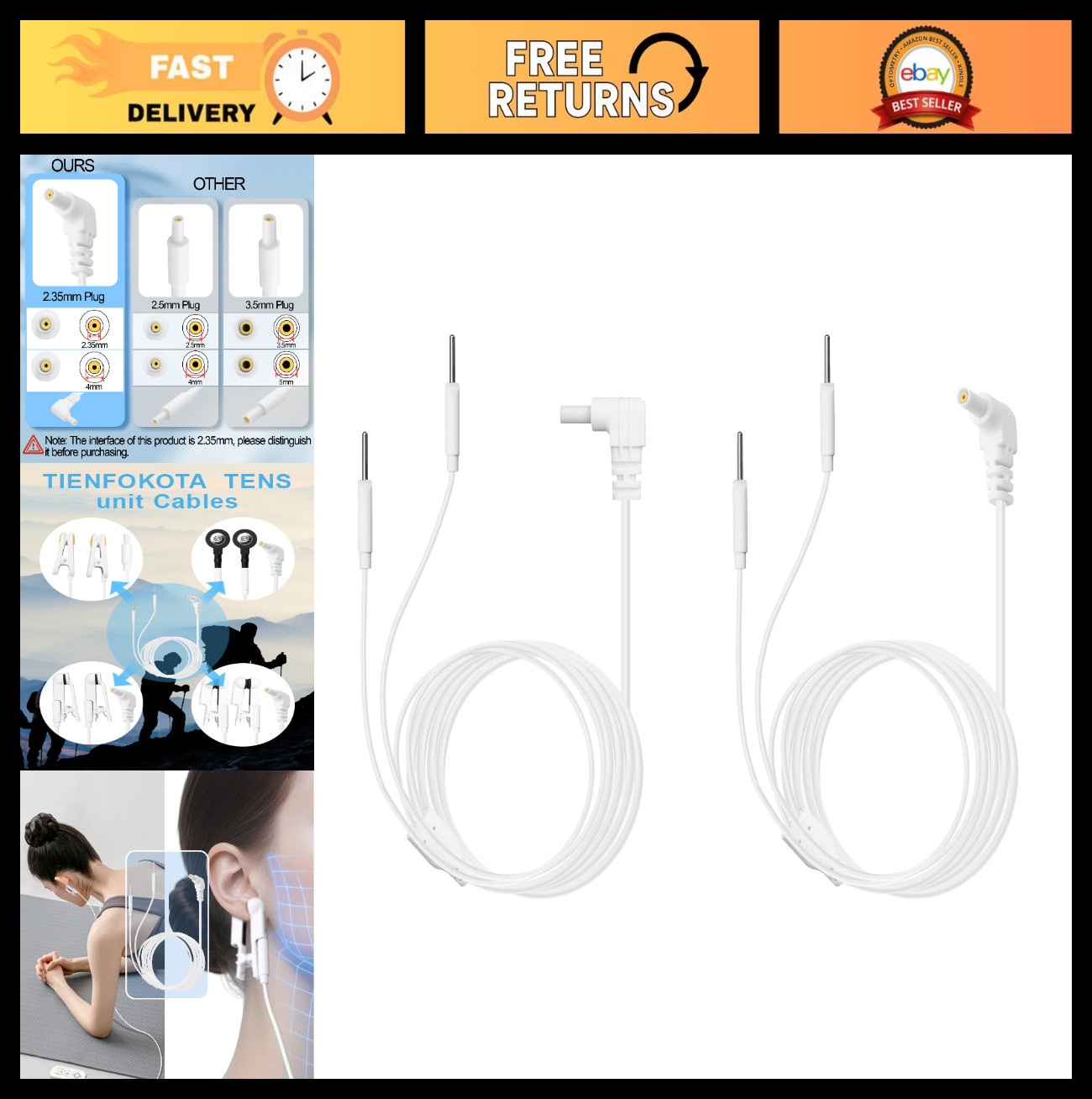 2PCS Premium TENS Lead Wires, Soft TPE 2.35mm Plug, 2mm Pin Electrodes – Replace
