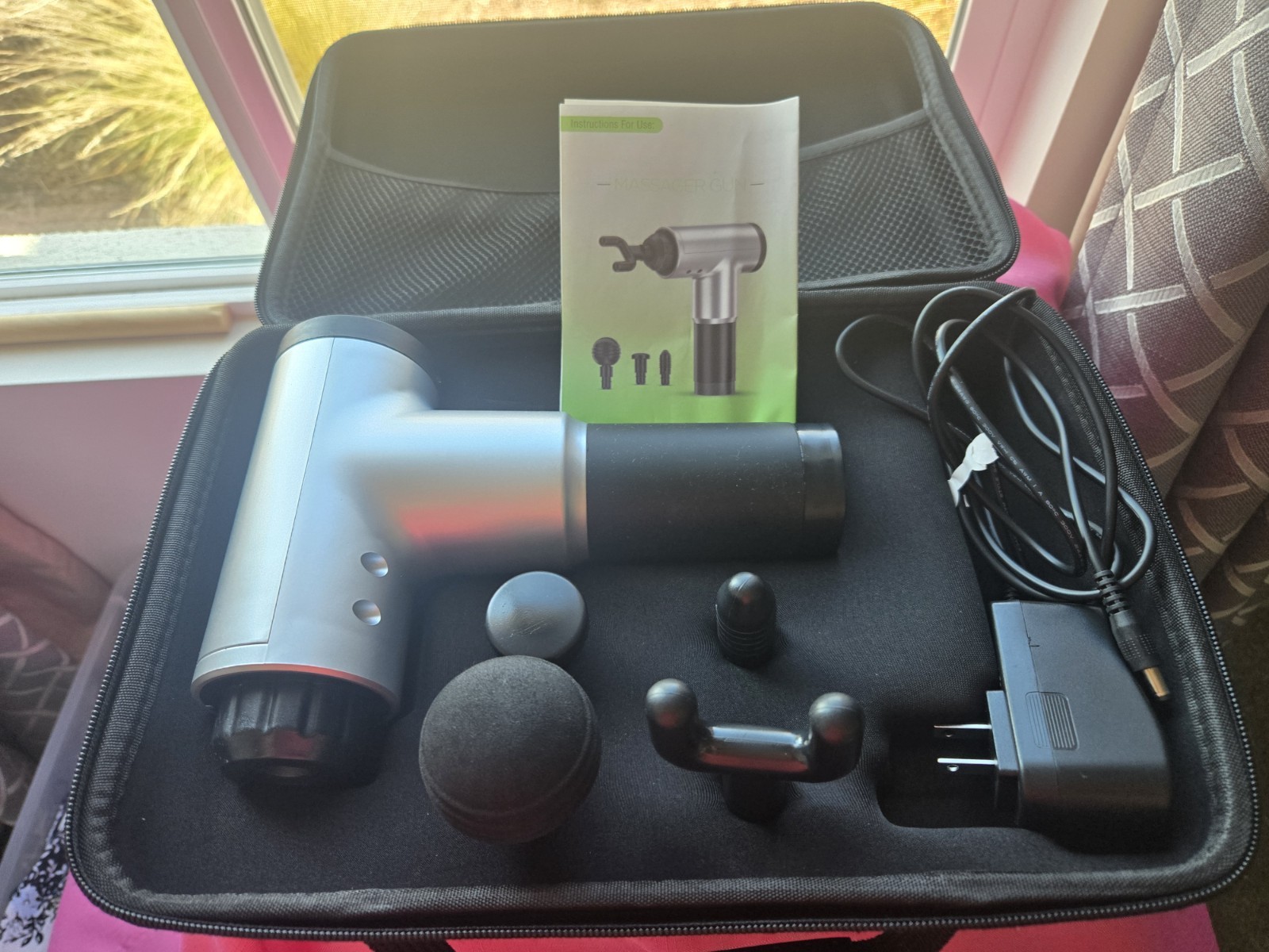 Handheld Percussion Massage Gun Full Body, Silver/Black, 4 Heads Case Charger