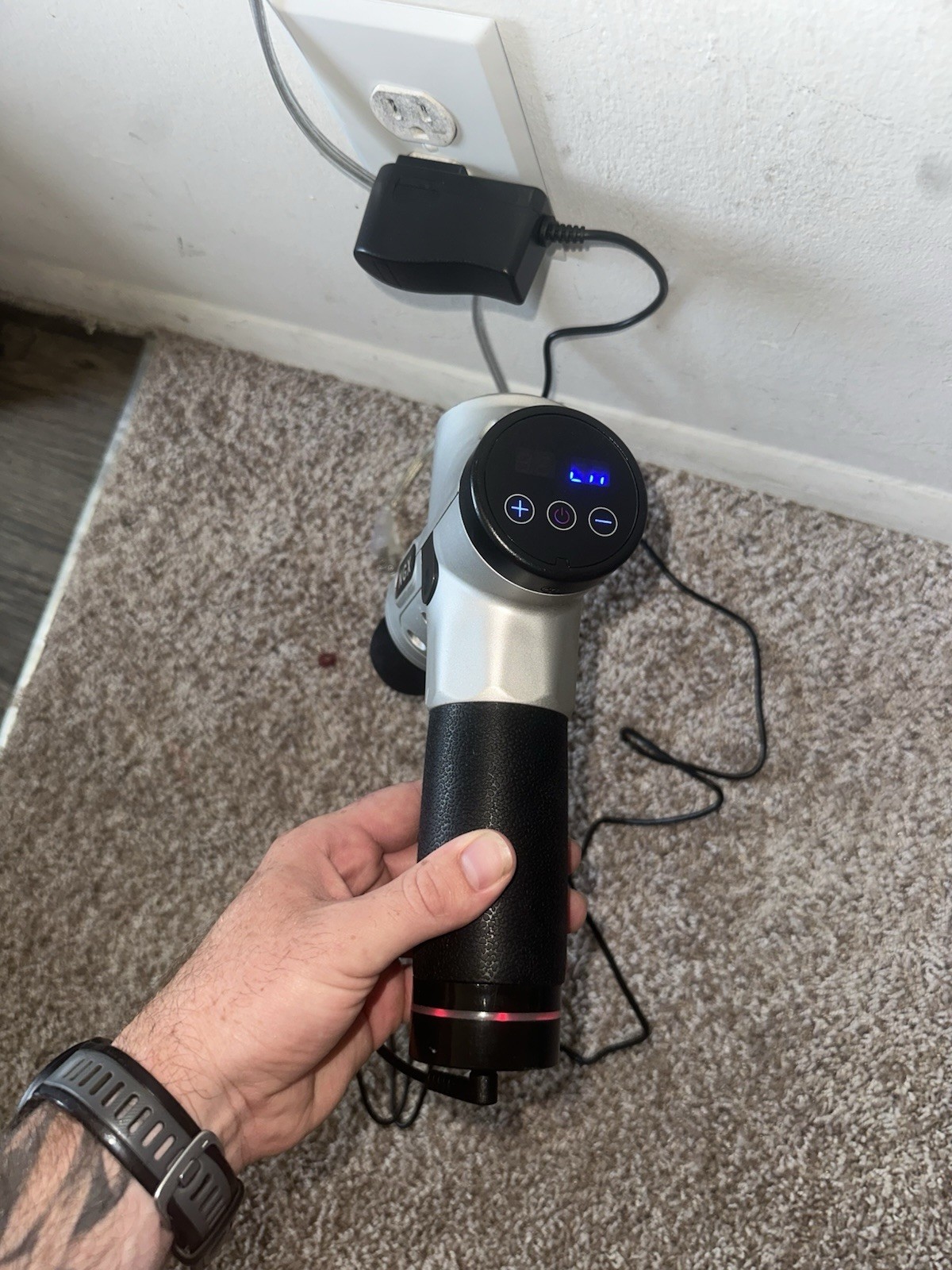 NGX Percussion Massage Gun Handheld Rechargeable Silver/Black w/ Charger