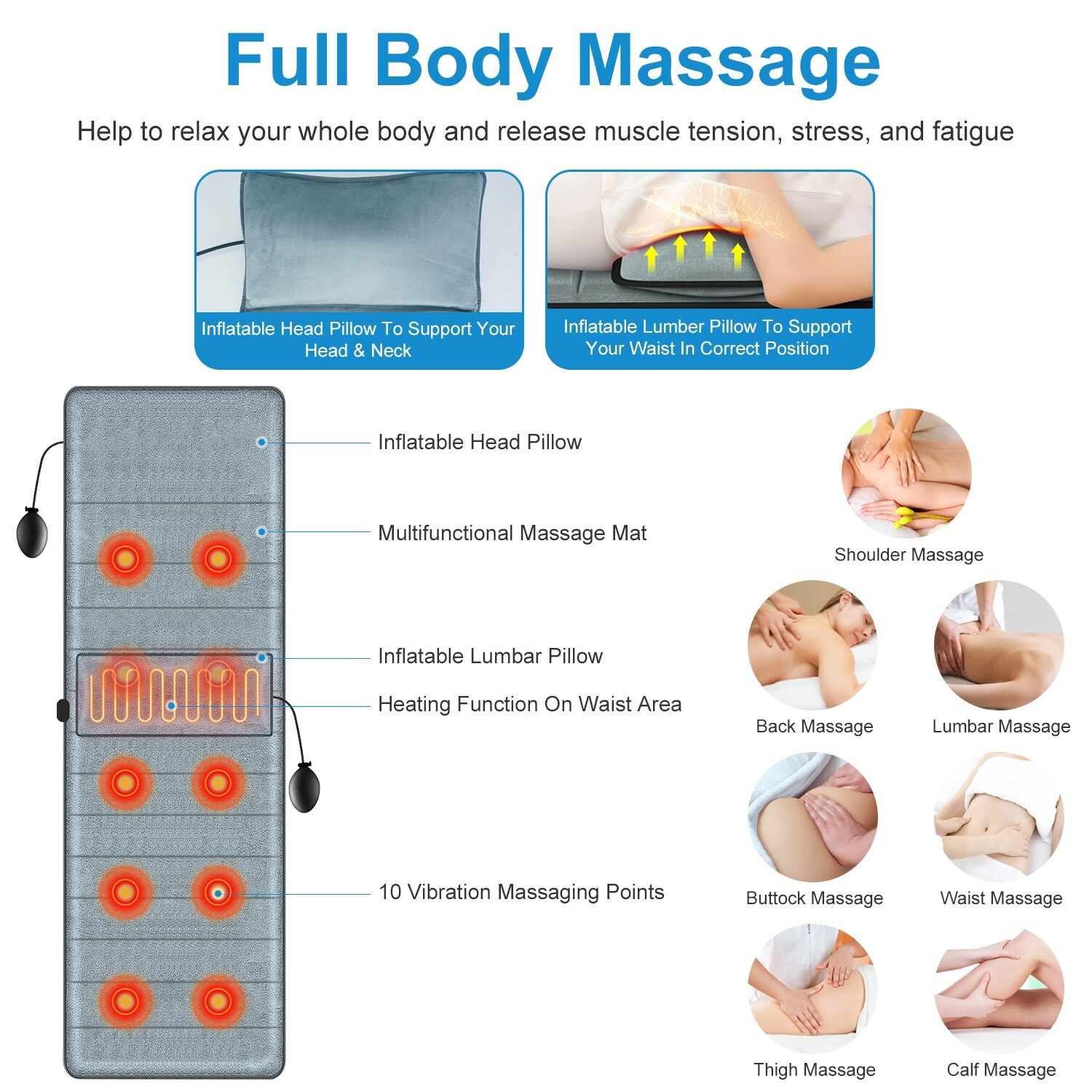 NEW Full Body Massage Mat 10 Vibration Motors 9 Massage Modes 3 Heating Settings
