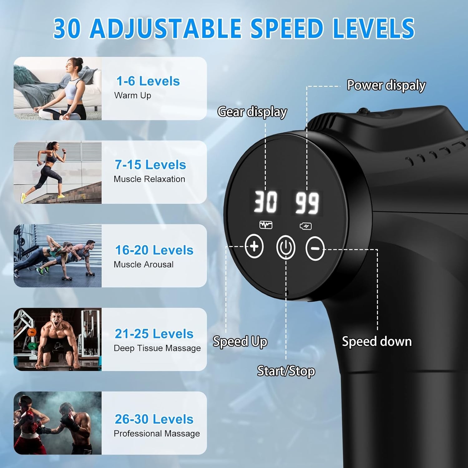Portable Deep Tissue Massage Gun with 30 Speed Levels & 9 Heads for Pain Relief