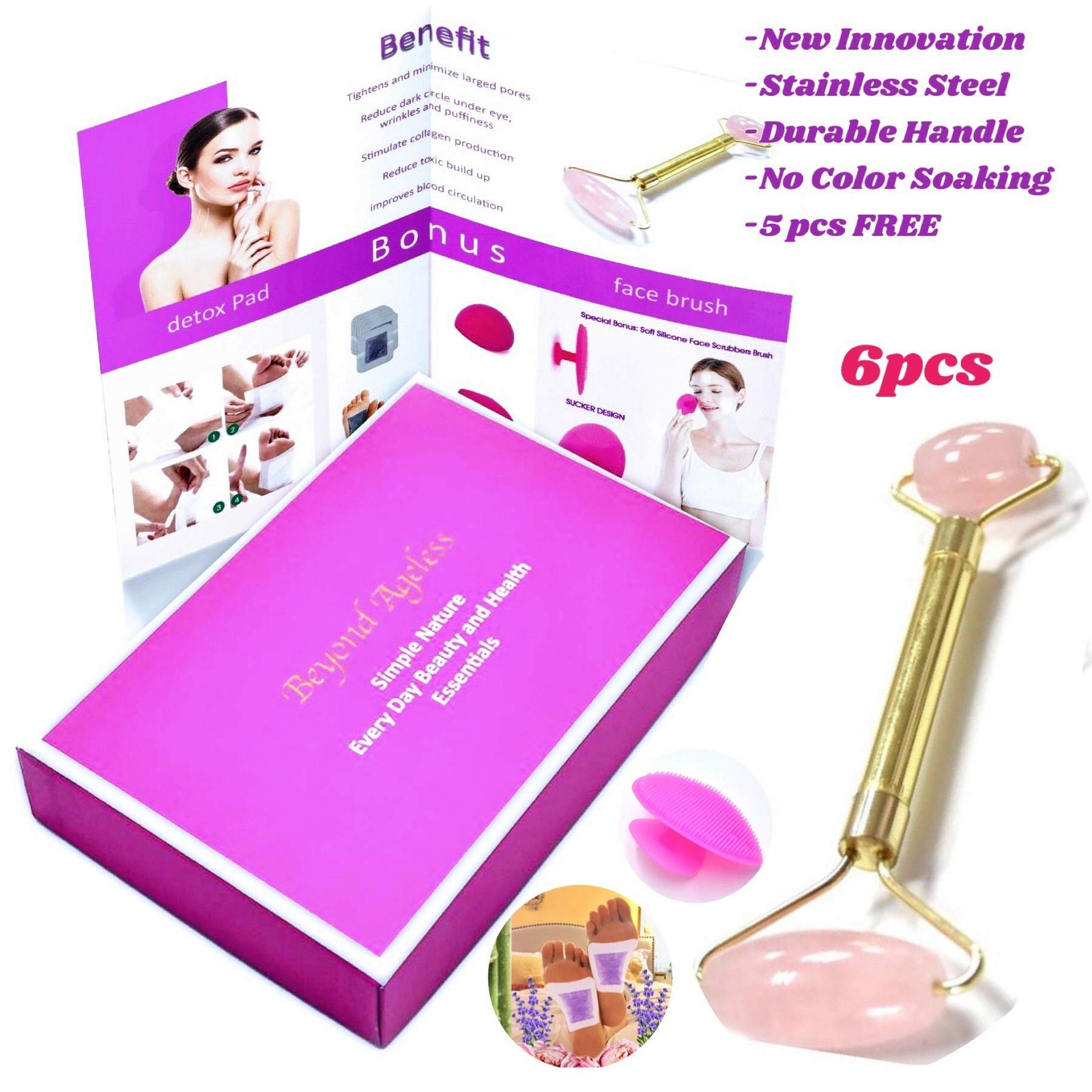 Rose Quartz Roller-Anti-Aging Facial Massage Roller-Free Foot Detox Pads,FacePad