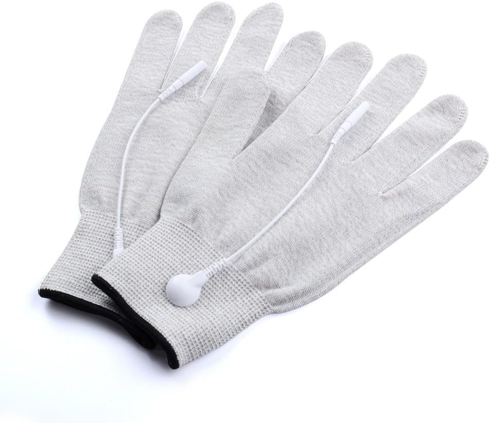 Pair of Silver Conductive Massage Gloves with Adapter Lead Wires for Tens/Ems Ma