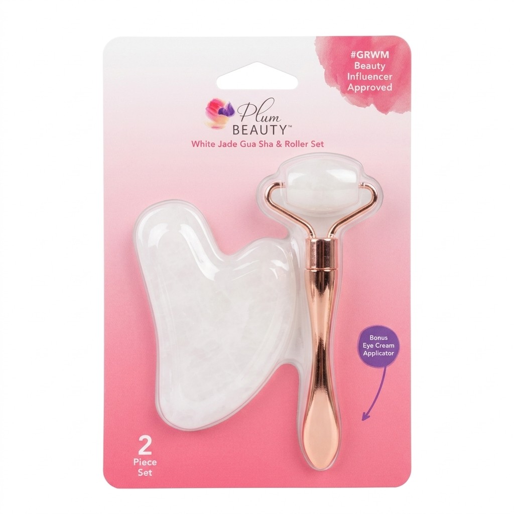 Plum Beauty White Jade Gua Sha & Roller Set 2pc Facial Massager Skincare Tool