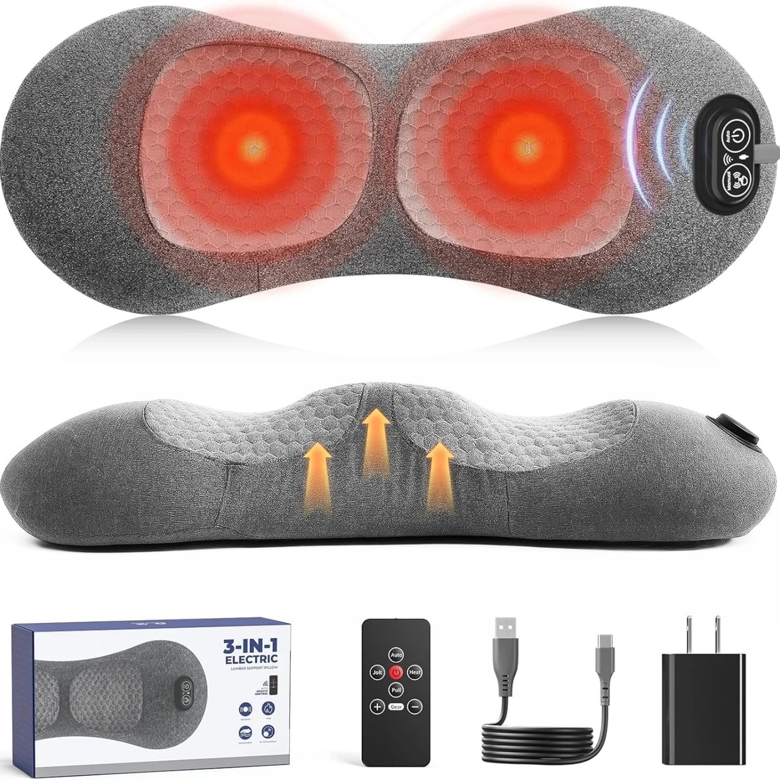 Upgraded 3-in-1 Lumbar Support Pillow – Remote Control Back Massager with Heat,