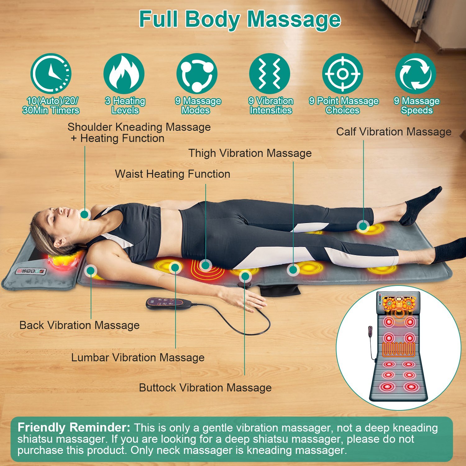 Full Body Massage Pad with Electric Heat and Vibration -Cushion with 10 Motors