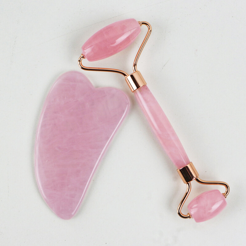 Rose Quartz & Jade Roller Gua Sha Face Body Facial Therapy Massager Stone Beauty