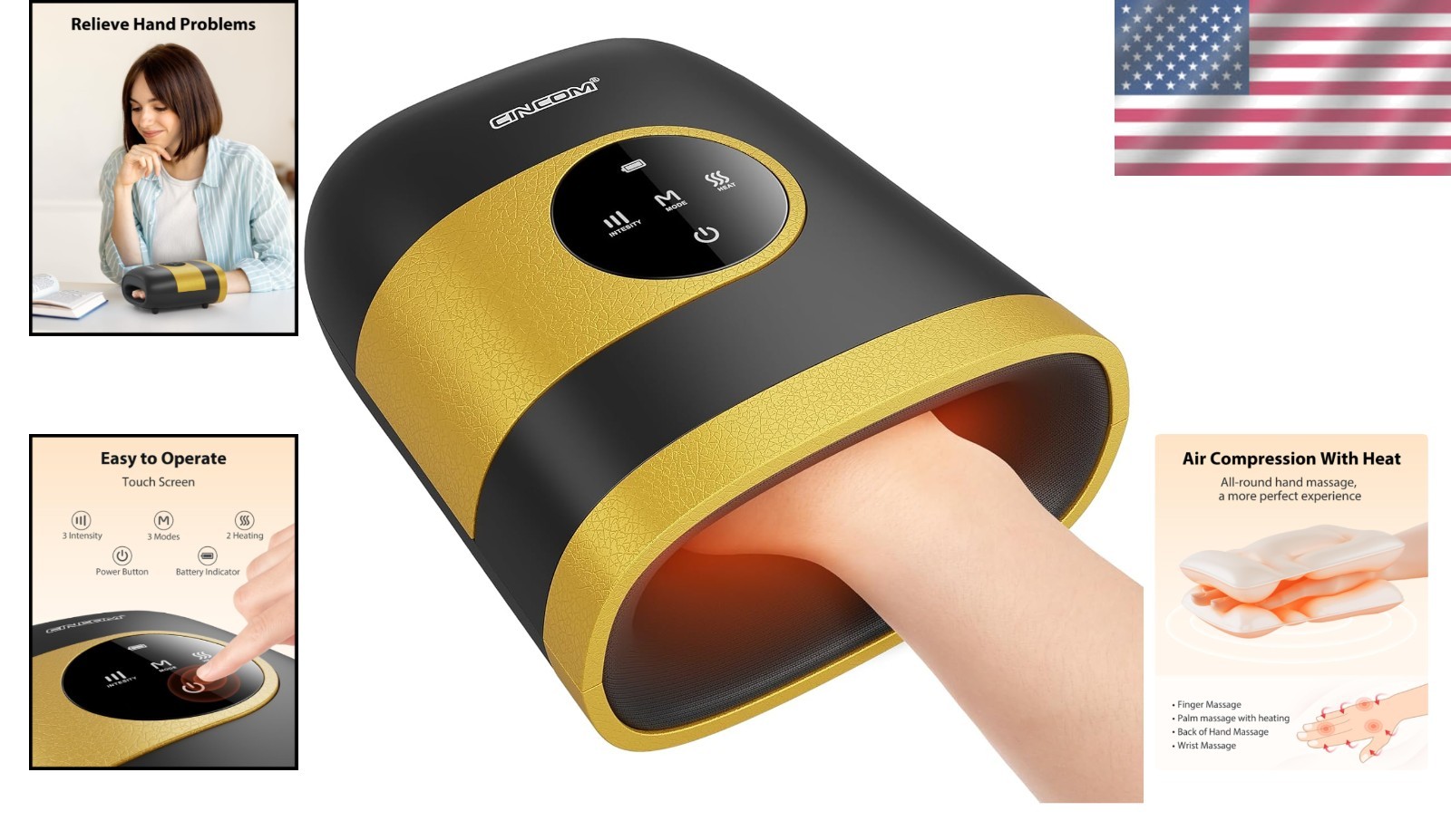 Cordless Hand Massager with Heat & Compression for Pain Relief – Black & Yellow