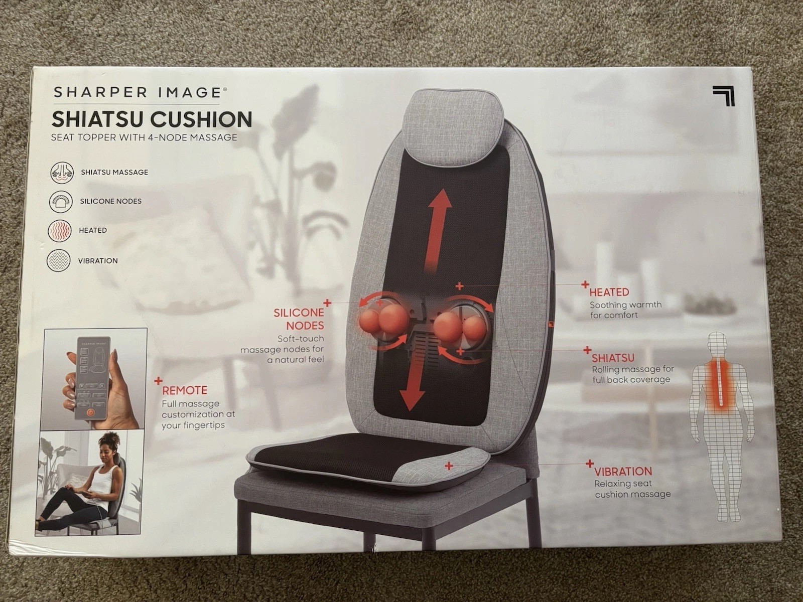 Sharper Image Shiatsu Massage Cushion Heated Back Seat Topper w/ Remote New
