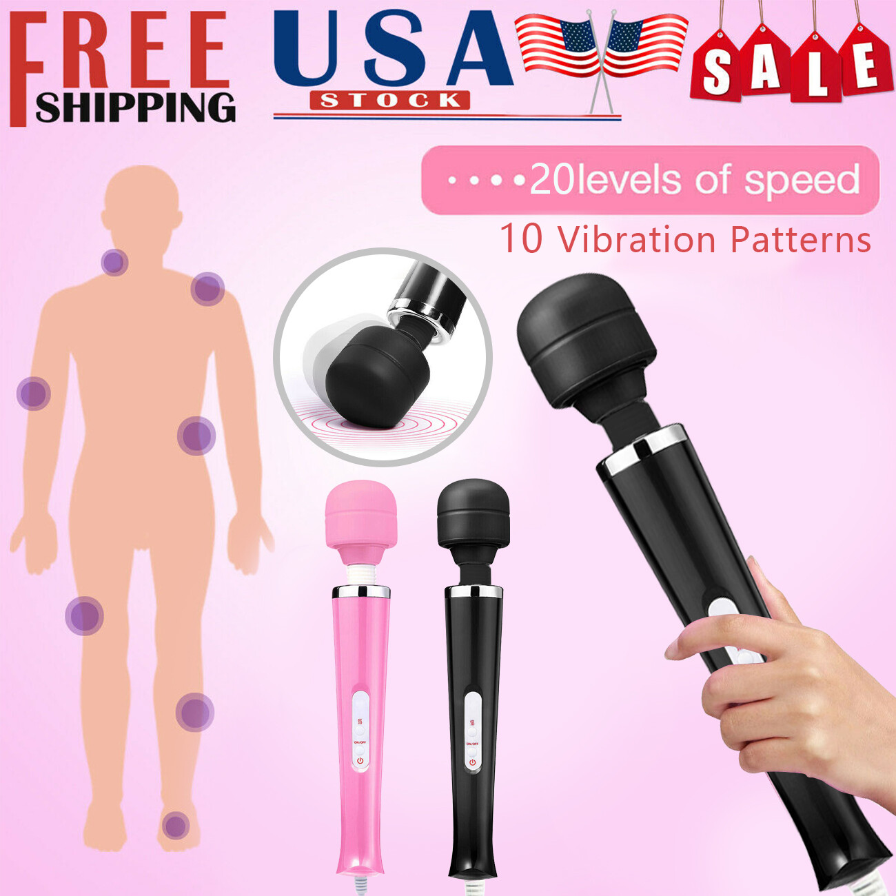 20 Speed Handheld Massager Wand Vibrating Massage Magic Full Body Therapy Motor