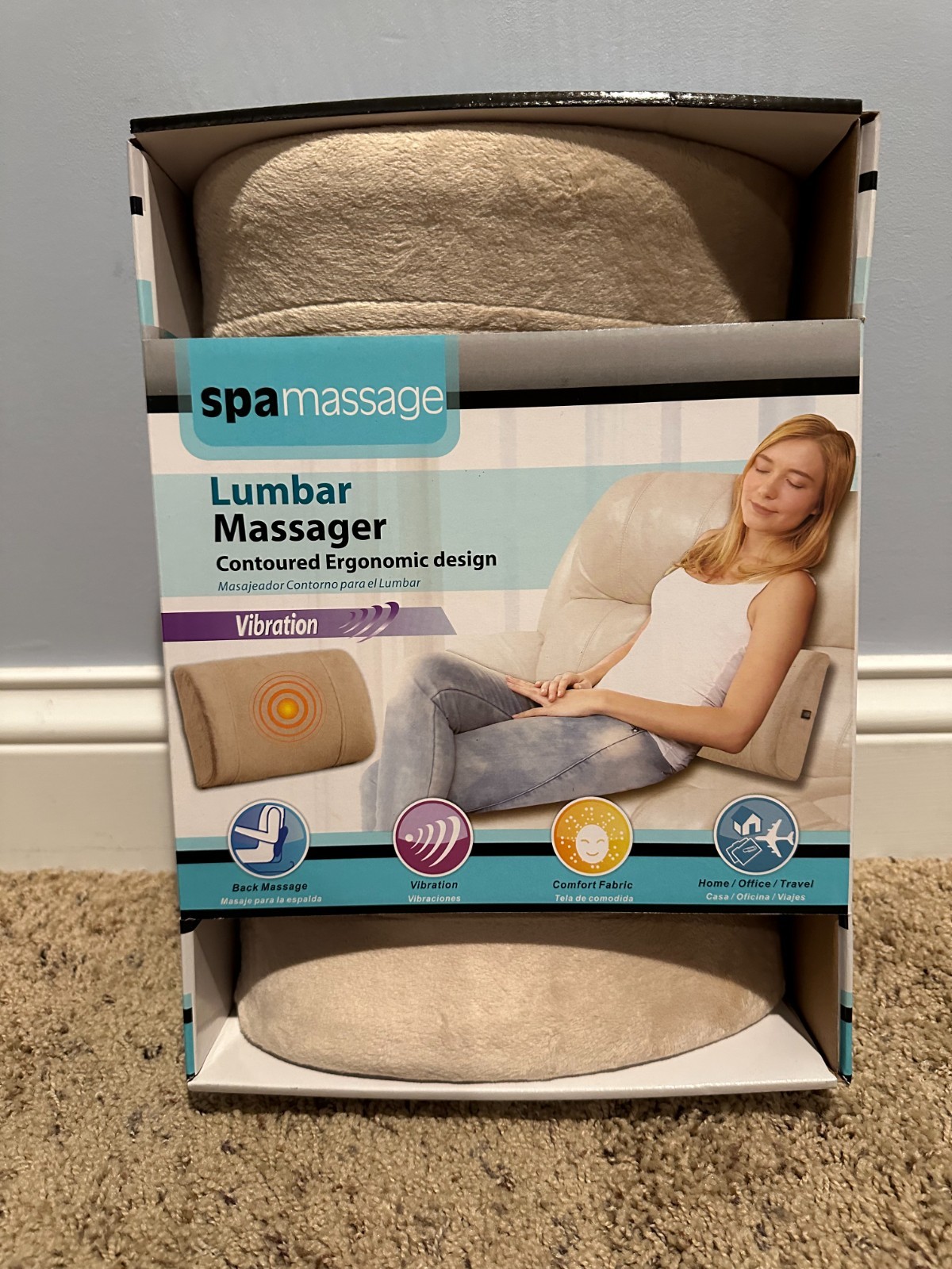 NEW Spa Massage Tan Lumbar Back Massager Contoured Ergonomic Vibrating Cushion