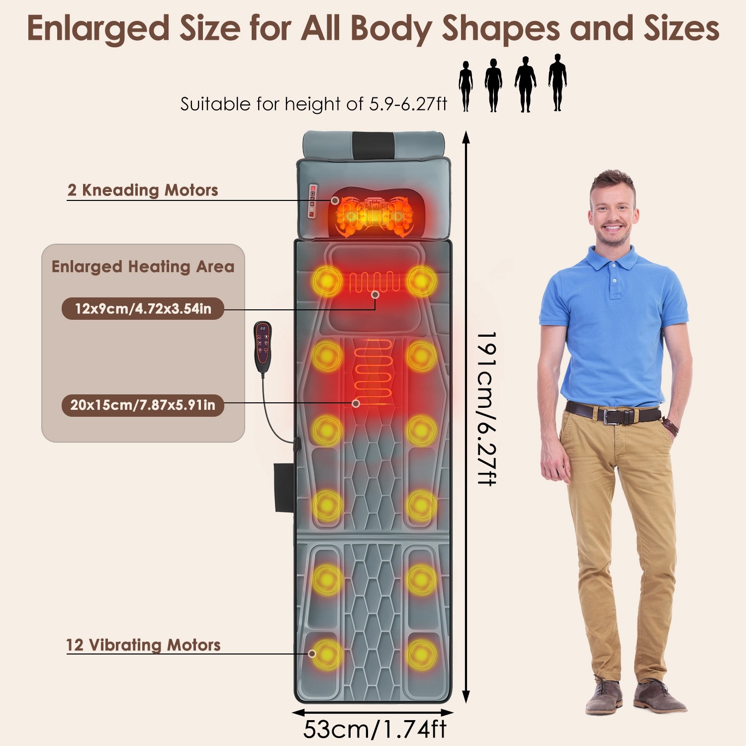 Full Body Massage Mat Flannel Electric Heated Chair Pad Back Neck Massager Pad