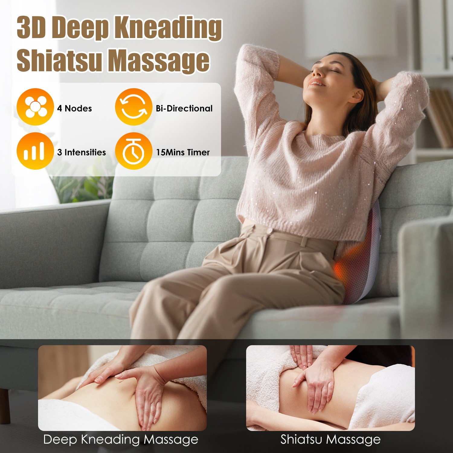 Cordless Electric Shiatsu Back Waist Massager 3D Kneading Massage Heating Pads
