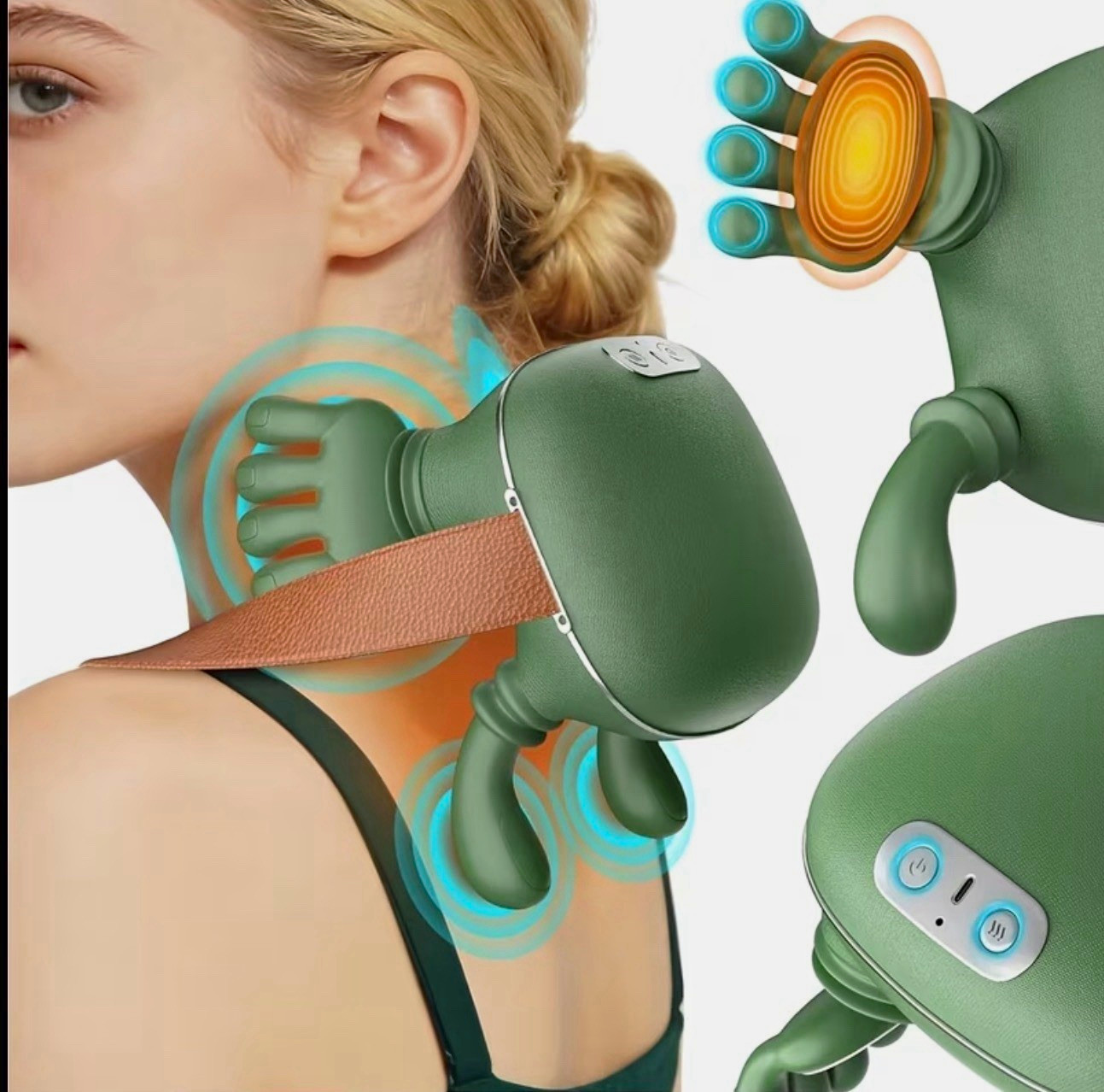 Hands-Free Green Body Massager w/ Adjustable Strap for Neck Back Legs 5.7in