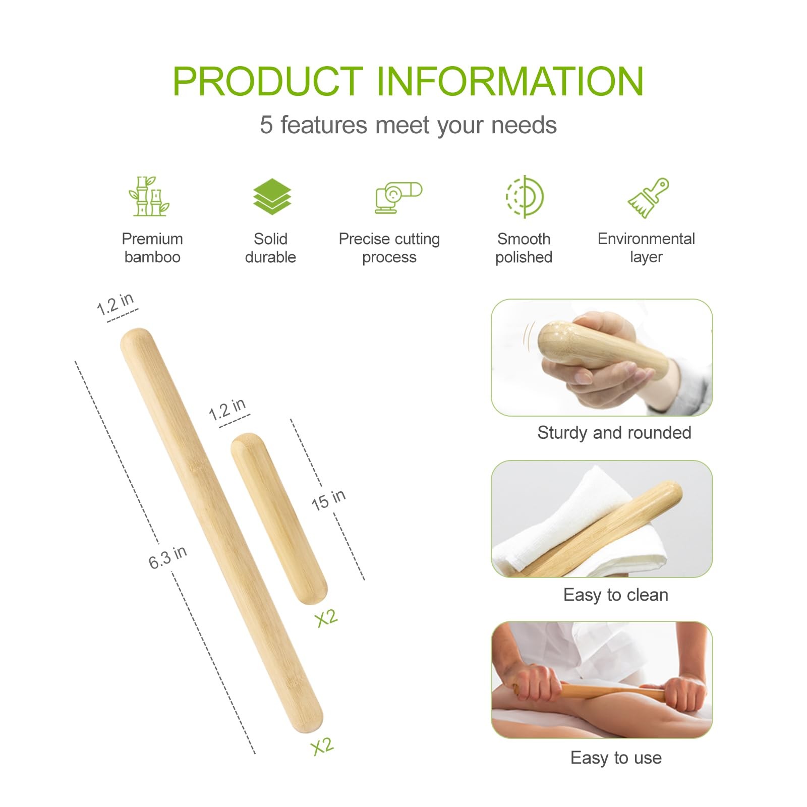 4PCS Solid Bamboo Massage Sticks & Guasha Set with Roller/Stick – 100% Bamboo Th