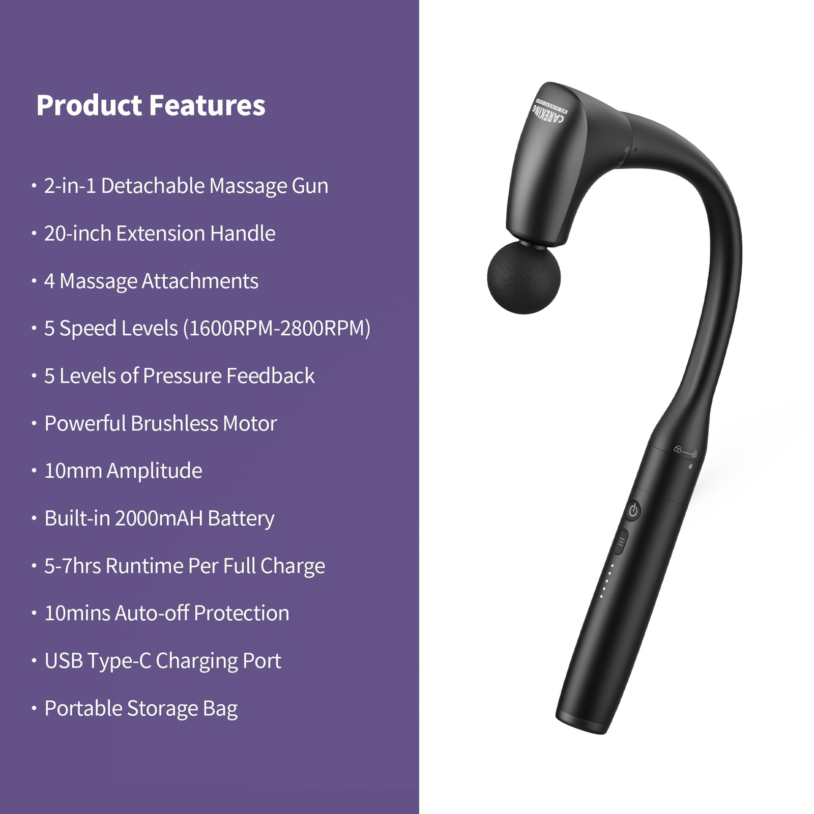 2-in-1 Detachable Muscle Massage Gun Deep Tissue with 20» Extension Handle, Bac