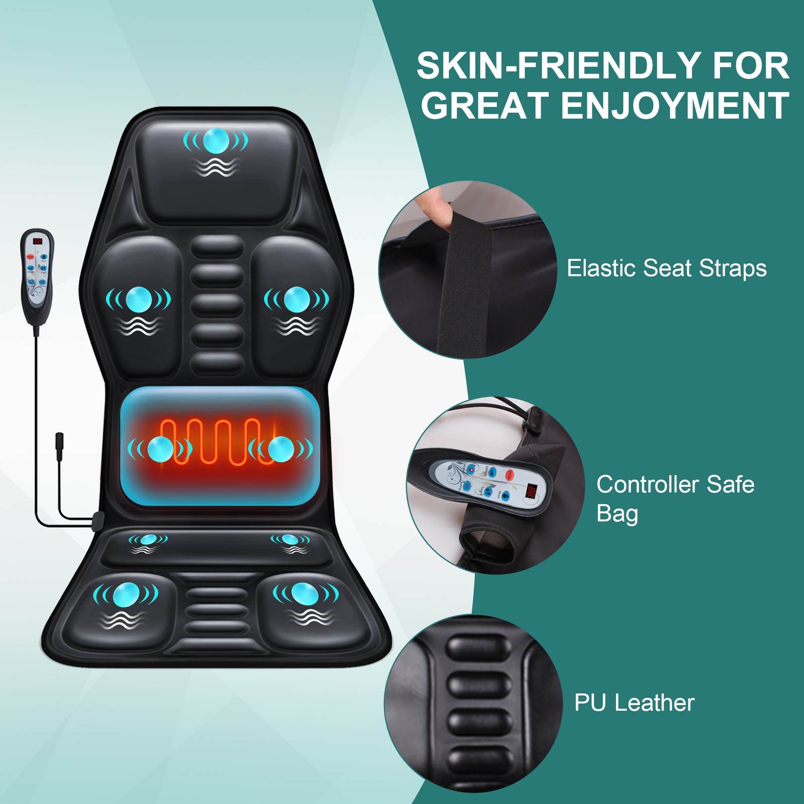 Massage Chair Portable Back Massager with Heat Massage Seat Cushion PU Leather