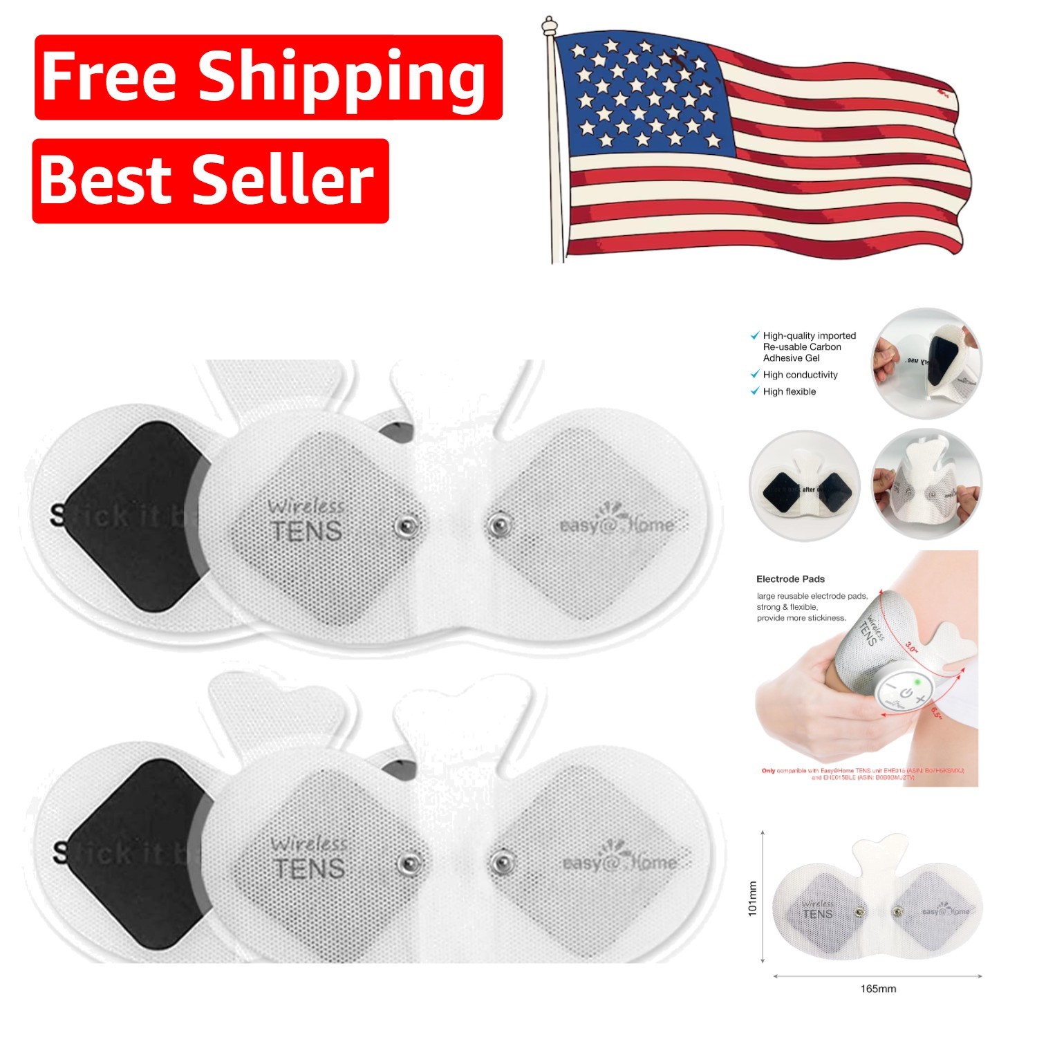 Comfortable Wireless TENS Pads – 4 Pack Butterfly Carbon Reusable Electrode Pads