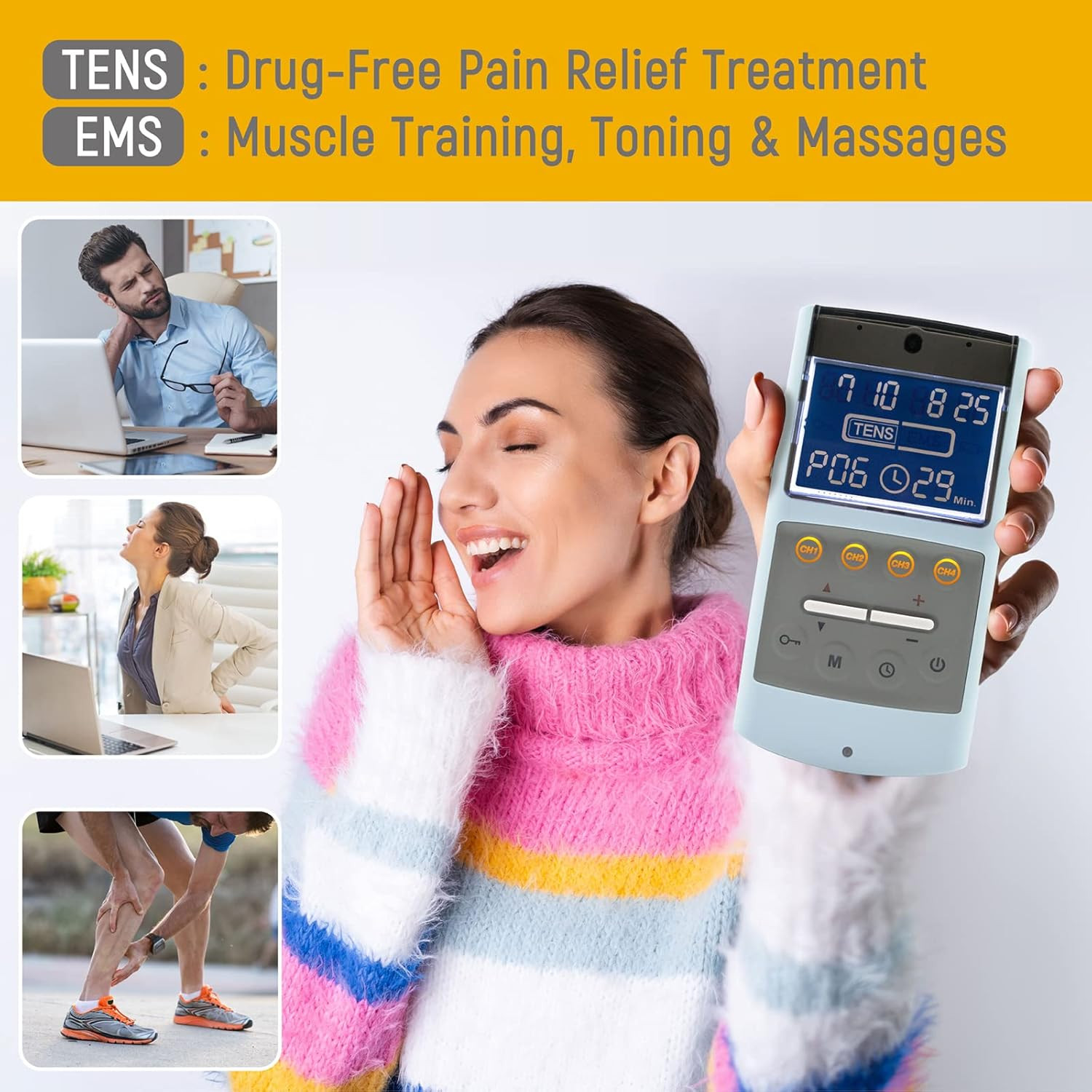 TENS EMS Muscle Stimulator, EV-906 for Pain Relief and Muscle Strengthening, Jap